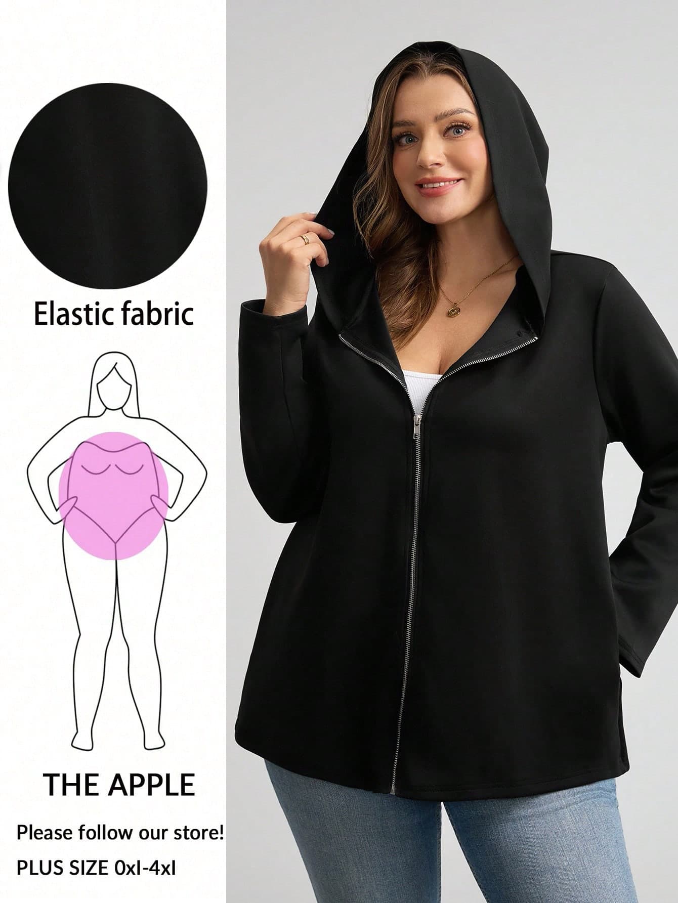 SHEIN LUNE Plus Size Women Winter Coat,Casual Black Autumn Zip Up Hoodie With Pockets,Halloween Costumes Bomber Outerwear,Hiking Coat,Elastic Fabric Fall