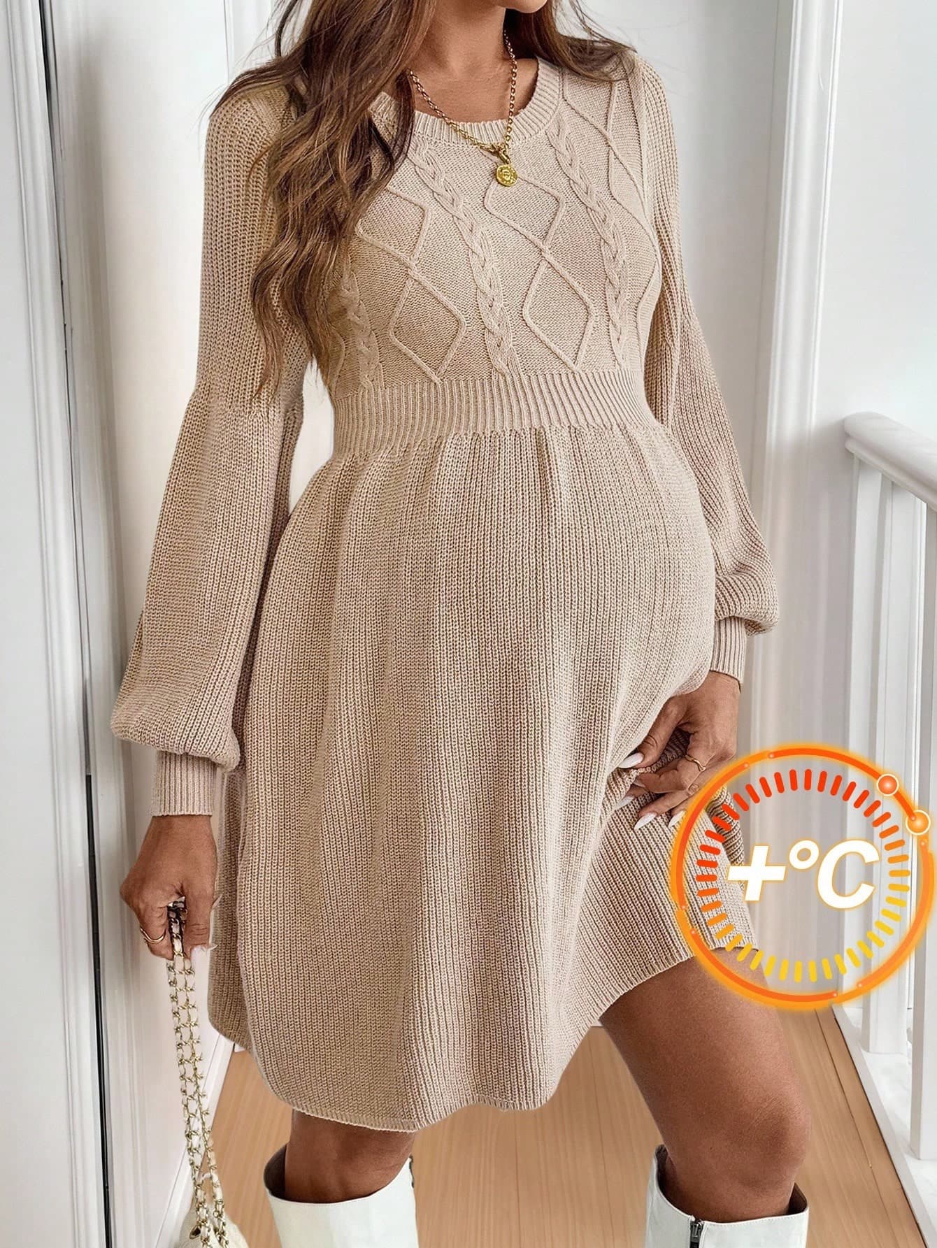 SHEIN Fall Clothes,Autumn Clothes,Maternity Pregnant Women Casual Solid Color Lantern Sleeve Cinched Waist Knitted Sweater Dress, Autumn/Winter