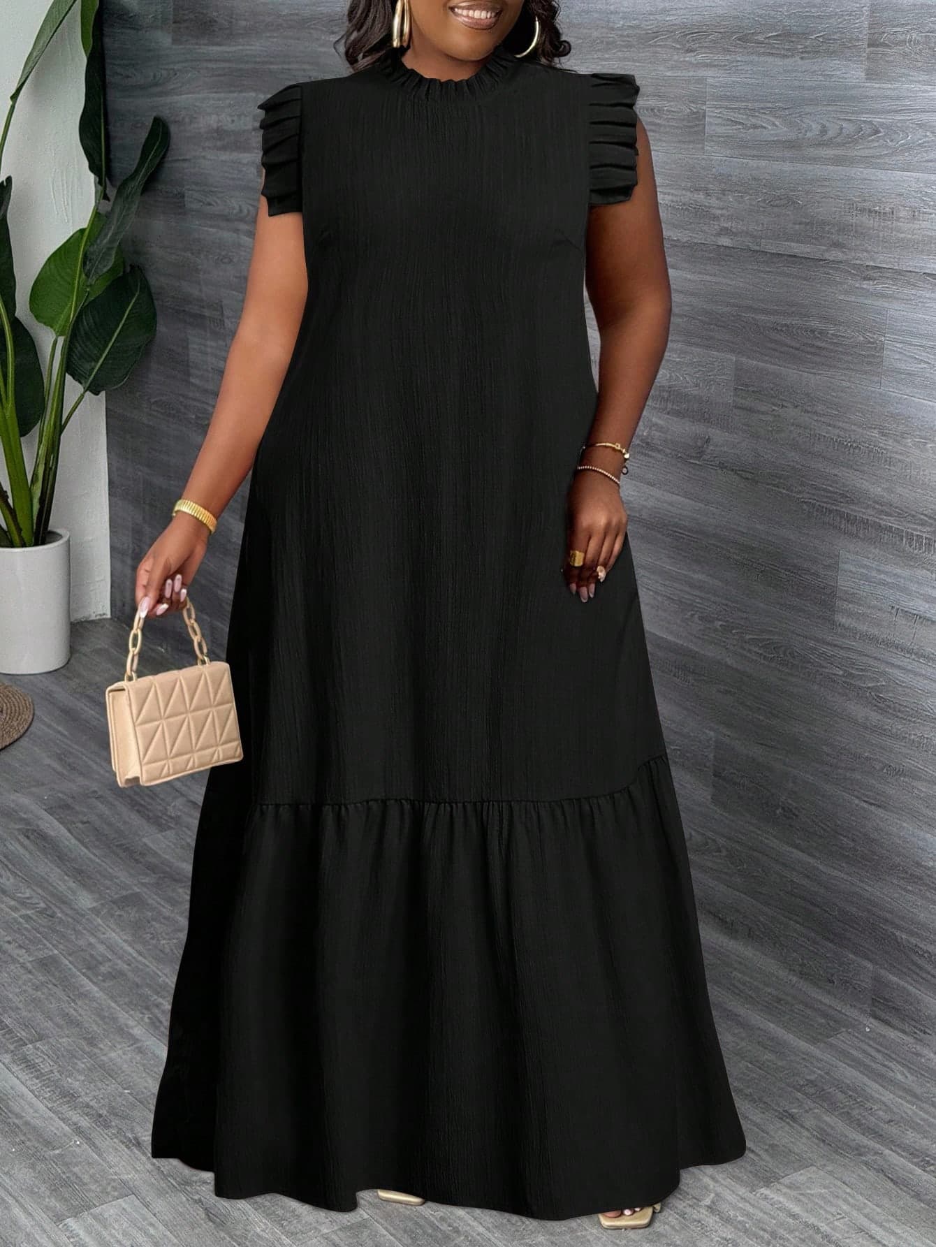 Veslaya Plus Size Women Black Summer Elegant Dinner Maxi Dress,Vacation & Casual Loose Woven Textured Fabric Sleeveless Ruffle Trim Collar Solid Long Dress