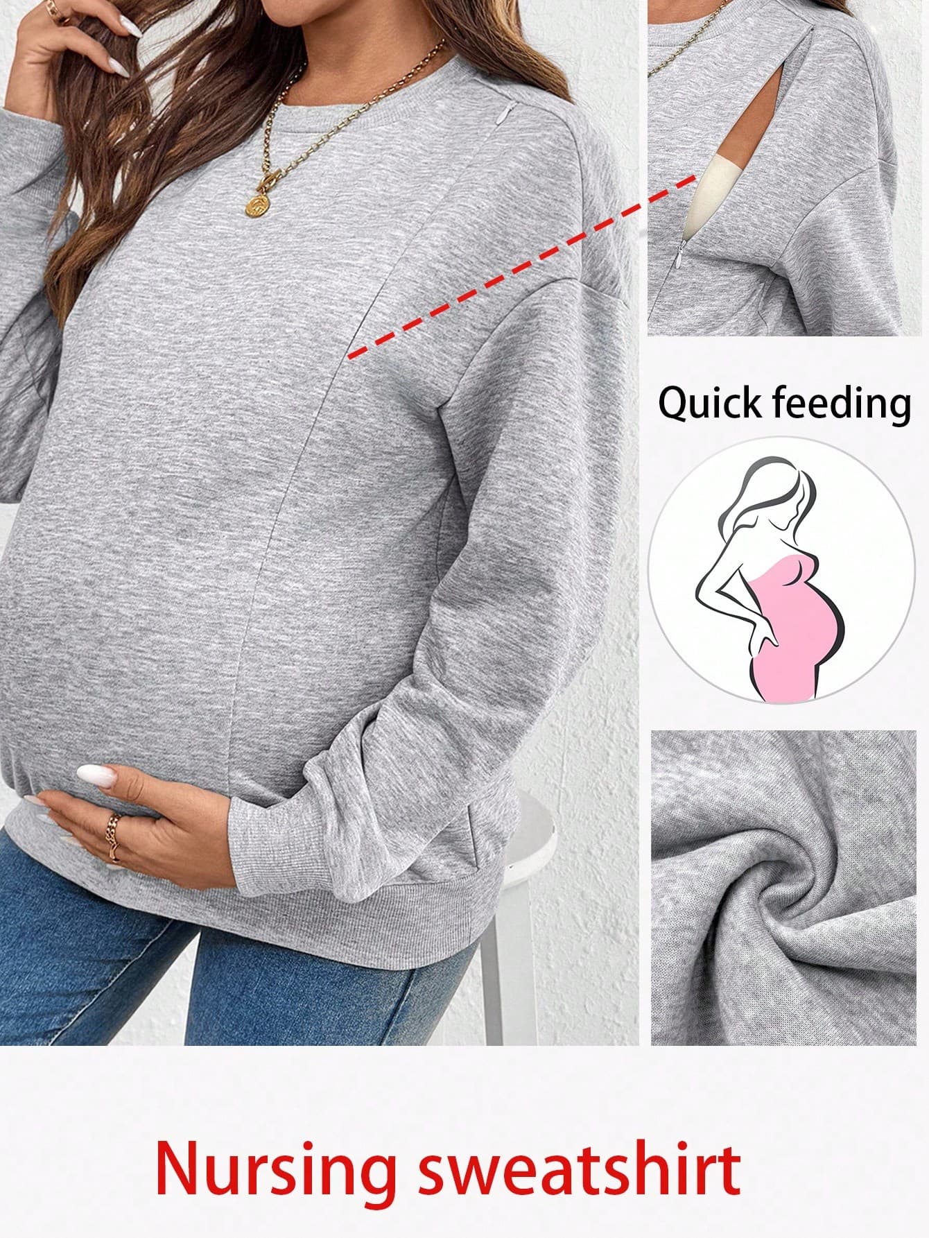SHEIN Grey Autumn Smart Casual Everyday Maternity & Nursing Top For Women,Loose Casual Breastfeeding Shirt,Pregnancy Sweatshirt,Fall Maternity Clothing