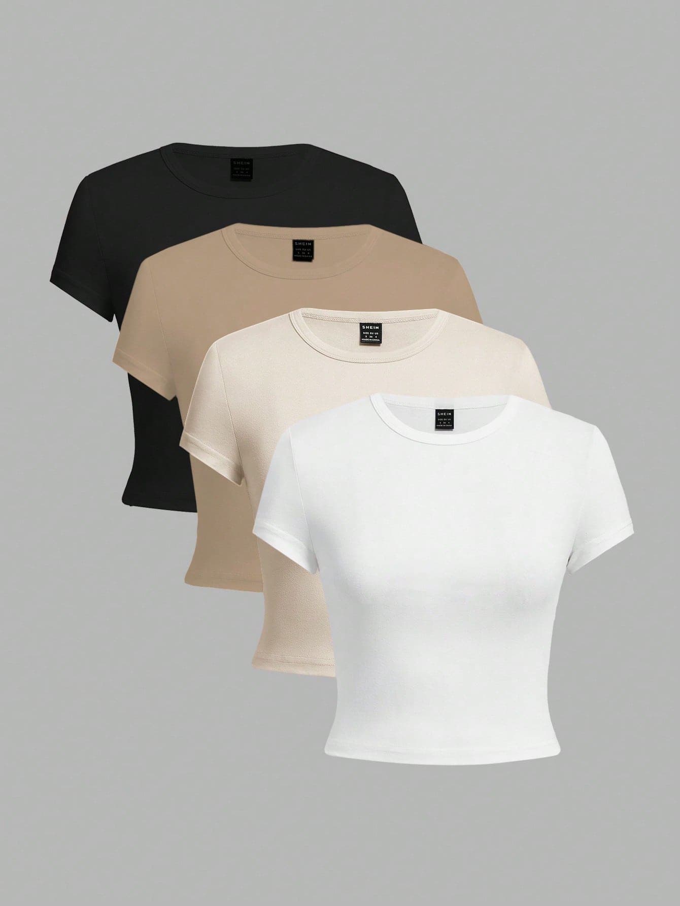 SHEIN EZwear 4pcs/Set Casual Solid Color Versatile Round Neck Short Sleeve Women's T-Shirt, Fitted Style, Suitable For Summer