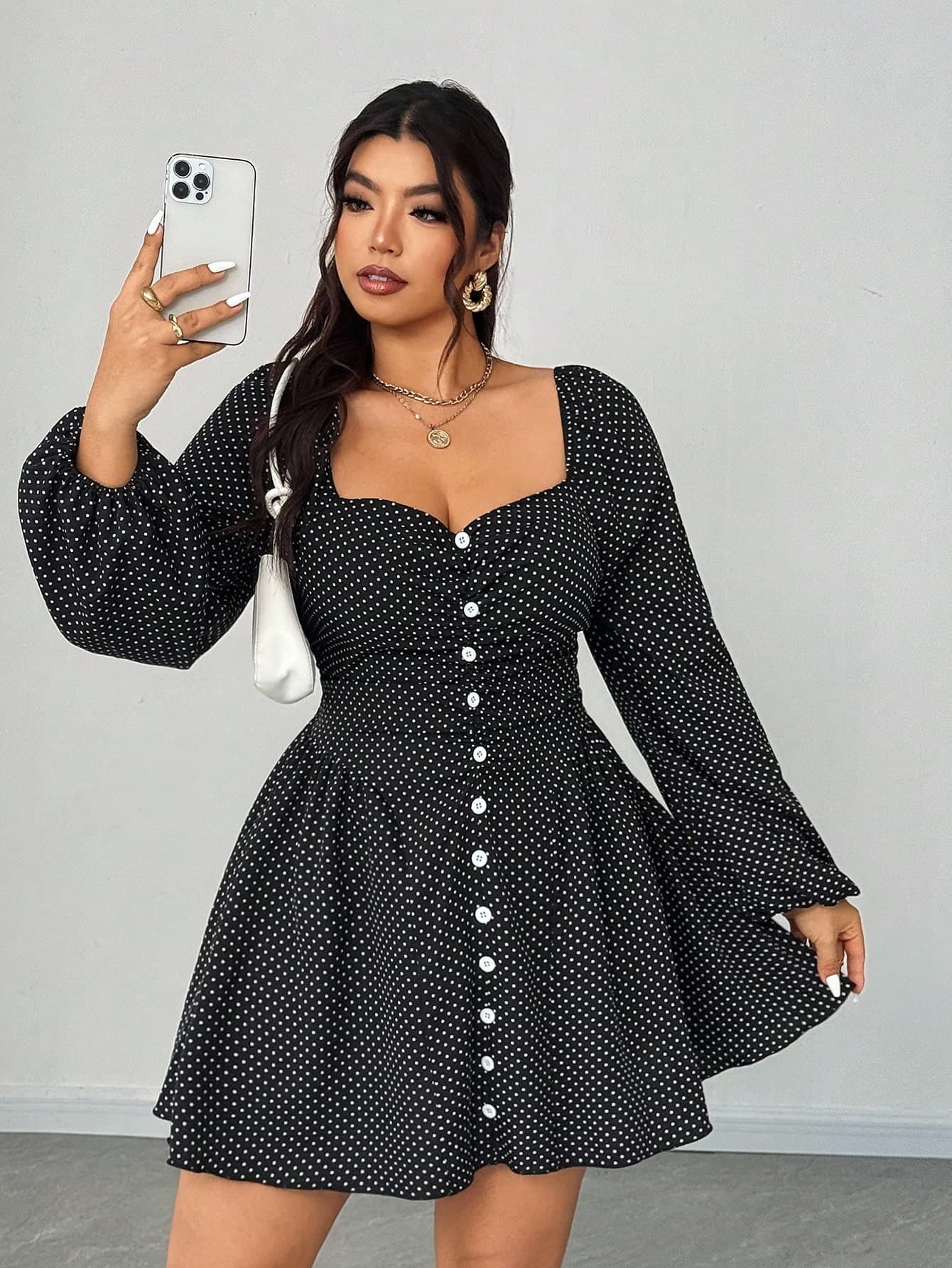 Elenzga Plus-Size Women's New Year Elegant Polka Dot Print Button Decor Valentine's Day Dress