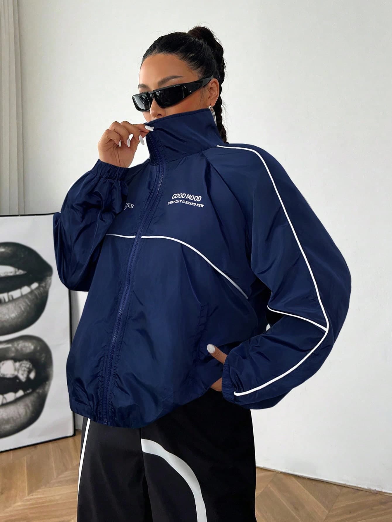 SHEIN EZwear Plus Size Women's Casual Sports Style Letter Print Contrast Piping Raglan Sleeve Zip-Up Jacket Track Suits For Women Jacket Y2k,Fall Clothes For Women Winter Autumn
