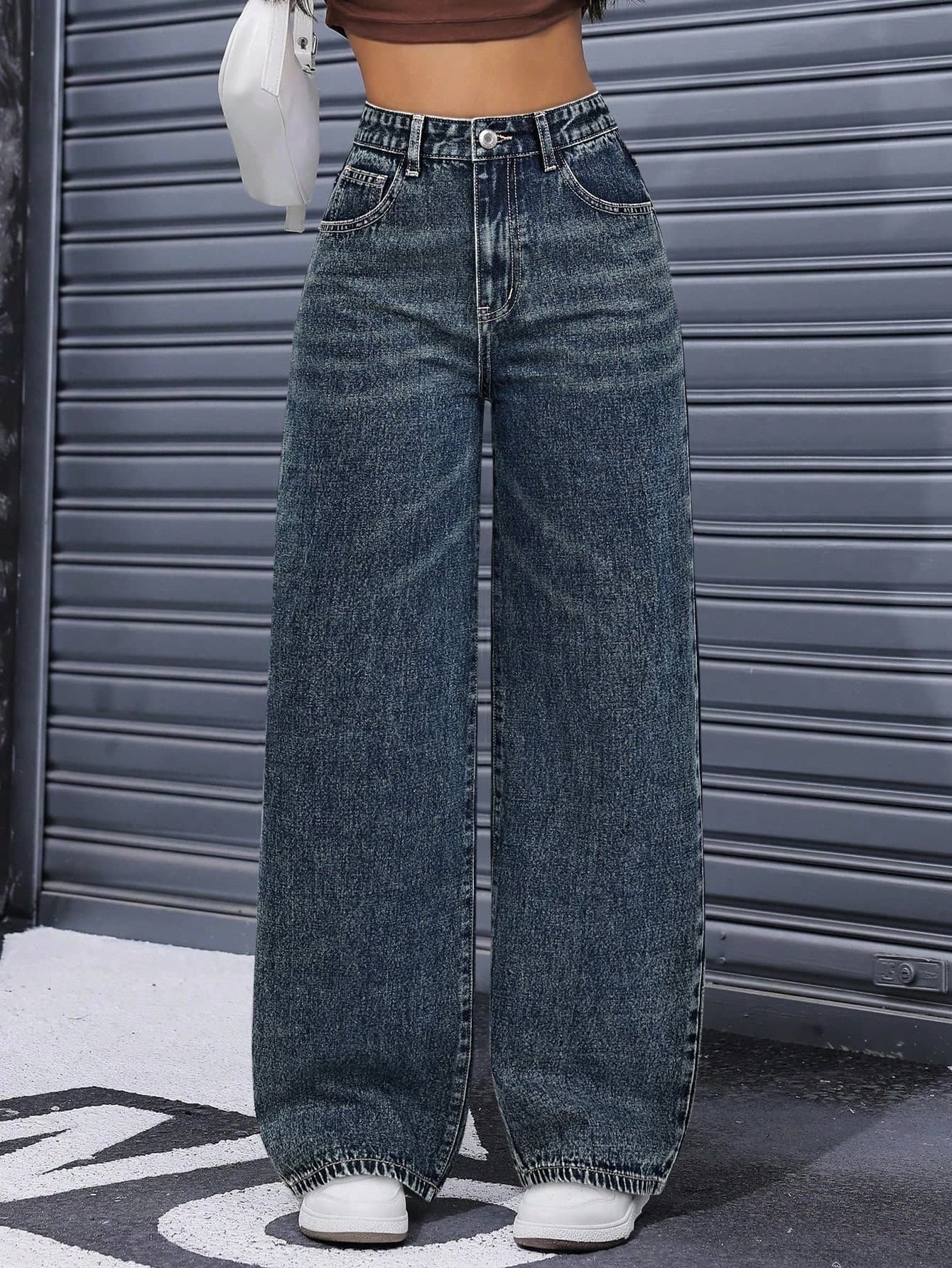 SHEIN ICON Women's High Waist Pocketed Wide Leg Loose Casual Versatile Denim Pants