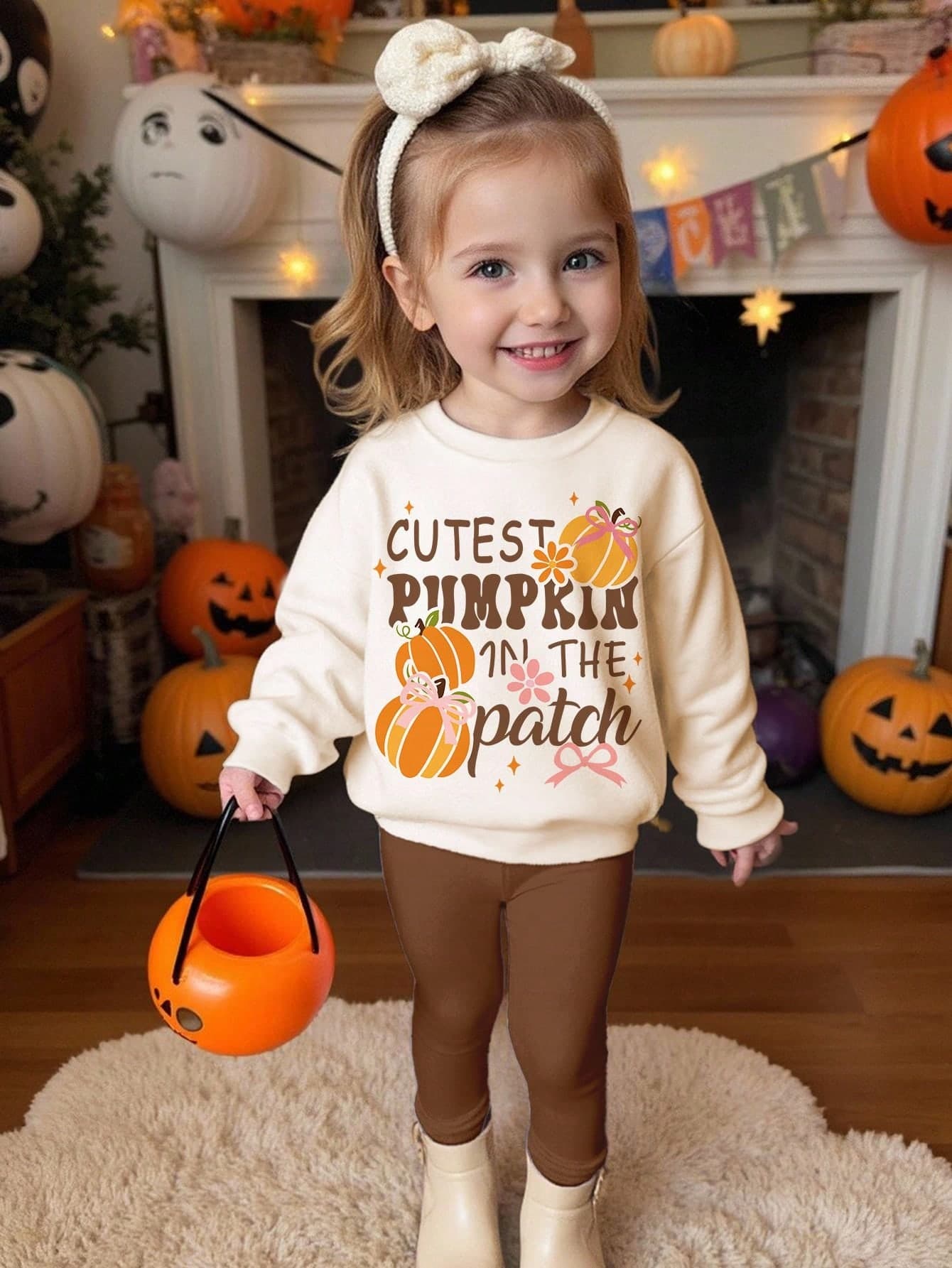 SHEIN Happikins Baby Girl Cream White Autumn Graphic Sweatshirt & Leggings Set,Cute Pumpkin & Bow Print,Matching Family Halloween Outfits,Cozy Thick Pants