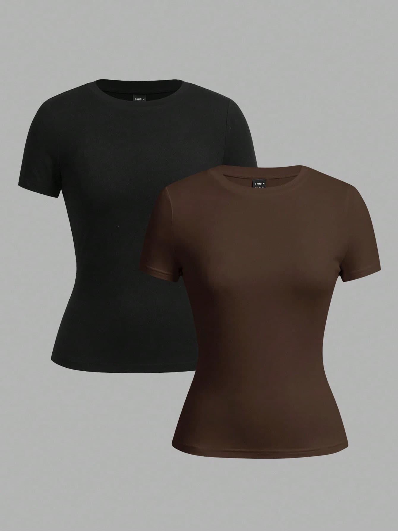 SHEIN EZwear 2pcs/Set Basic Crew Neck Short Sleeve T-Shirts, Black & Brown, Casual & Minimalist, Suitable For Spring/Summer