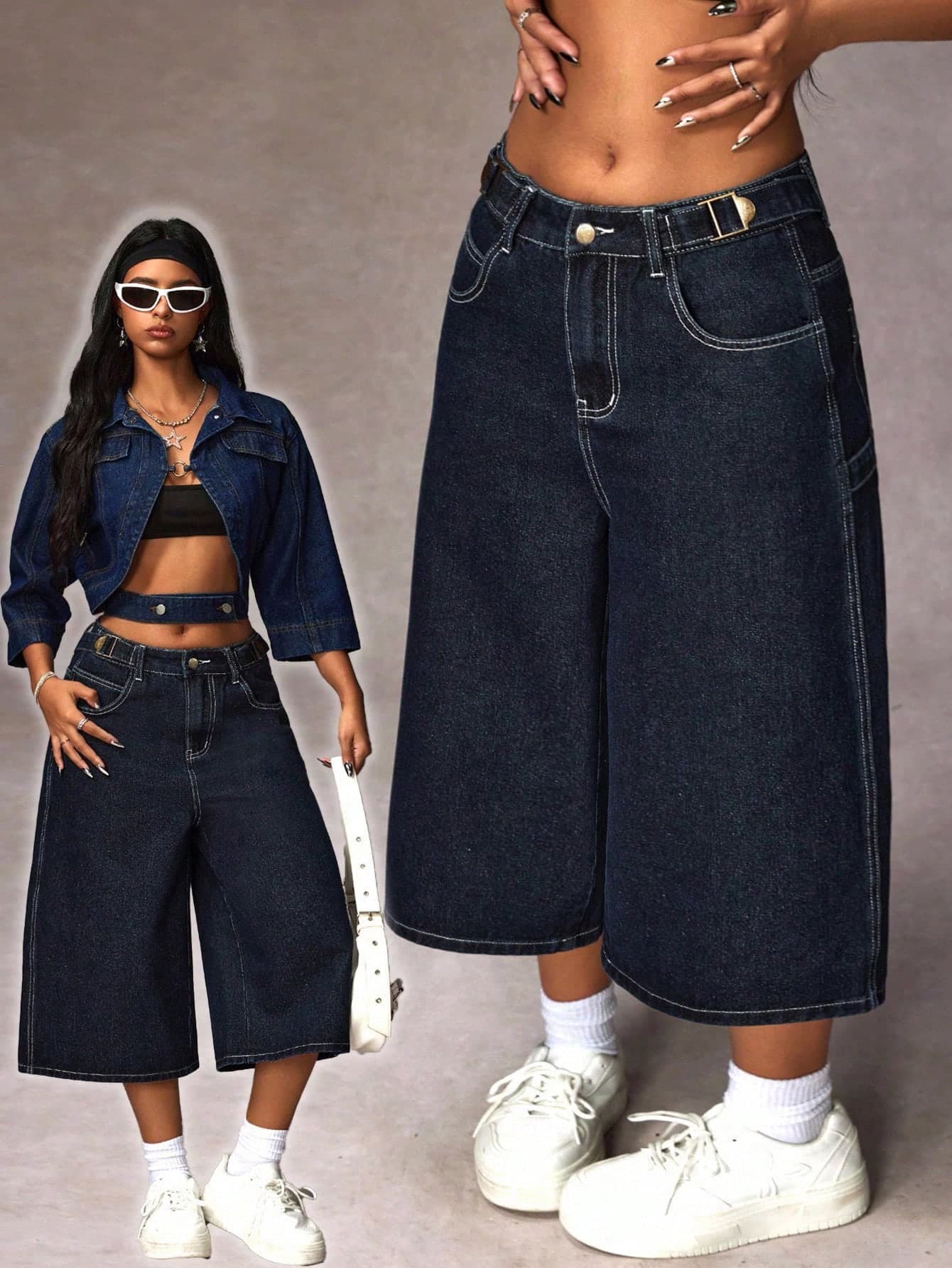 SHEIN EZwear Plus Size Casual Washed Loose 3/4 Length Denim Jeans,Back To School