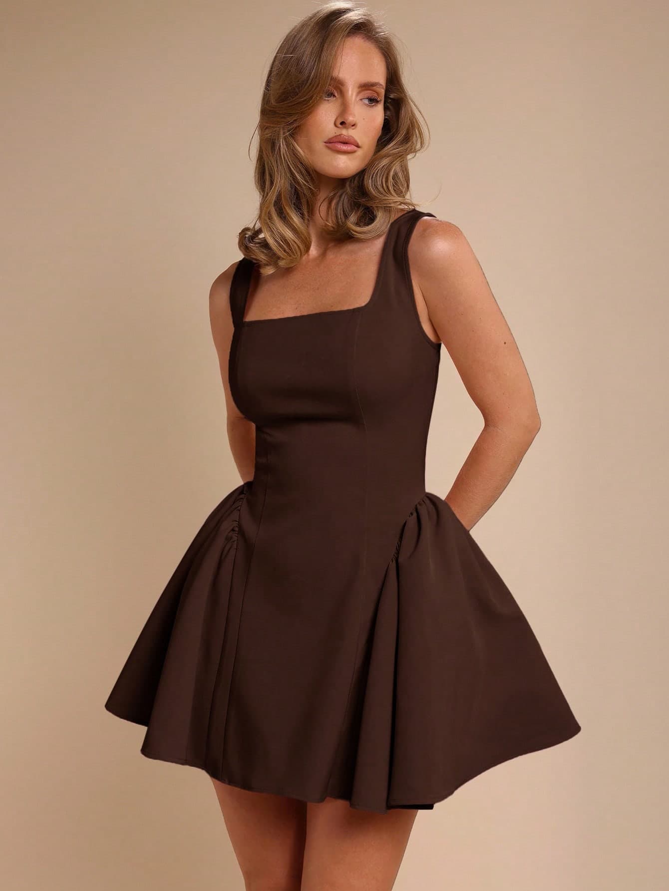 COSMINA Women Square Neck Sleeveless Solid Color Casual Mini Dress Chocolate Brown Dress Brown A-Line Dress