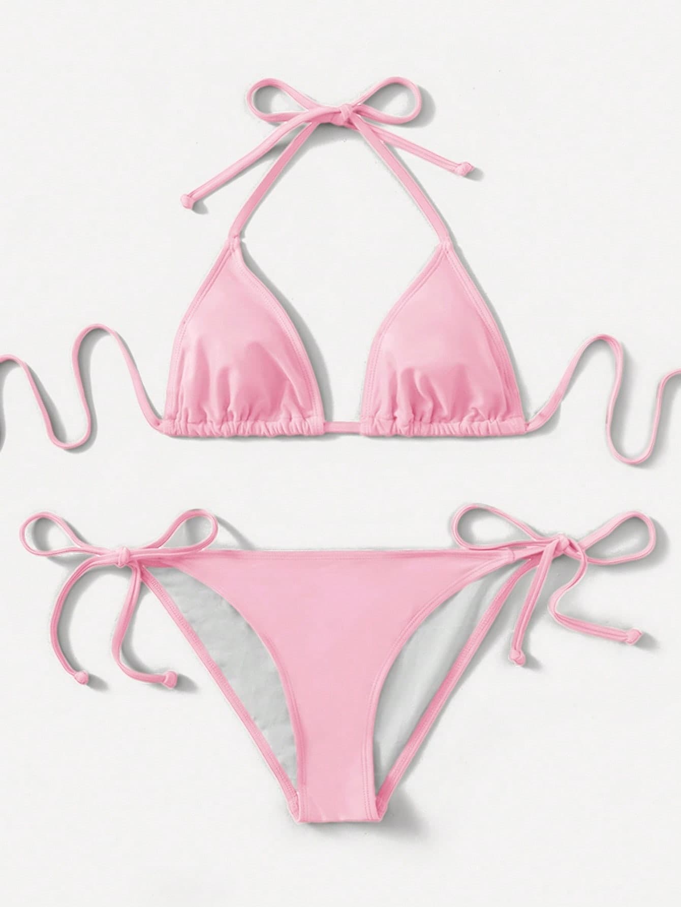 SHEIN Swim Women's Simple Solid Color Knotted Halter Split Bikini Swimwear, Suitable For Beach Vacation, Summer
