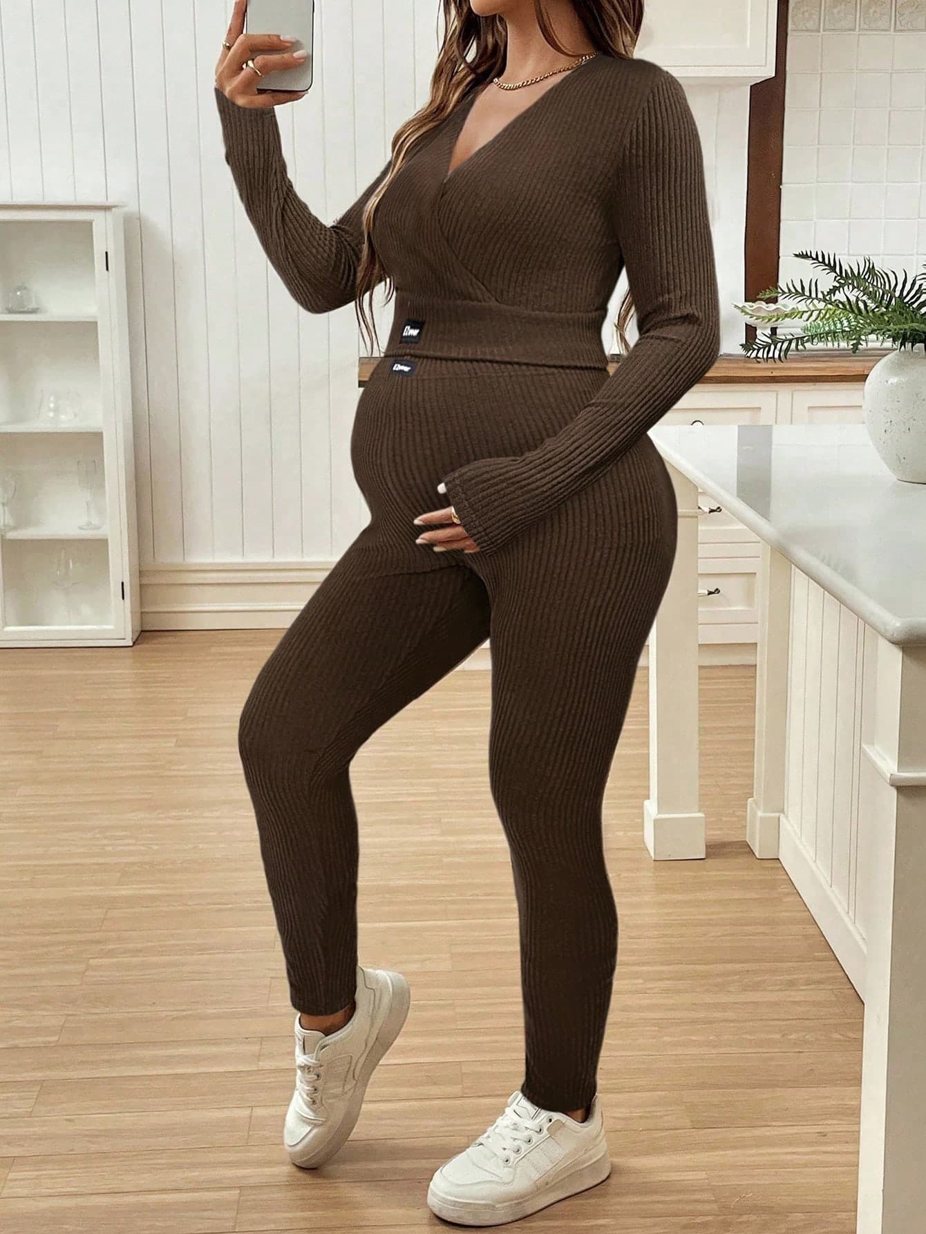 SHEIN Maternity V-Neck Long Sleeve Labeled Top And Skinny Knit Pants Sportswear Set Ribbed Knit Two Pieces Set Maternity 2 Pieces Lounge Set Maternity Ribbed Two Pieces Set Brown Maternity Two Pieces Set Brown Ribbed Two Pieces Set