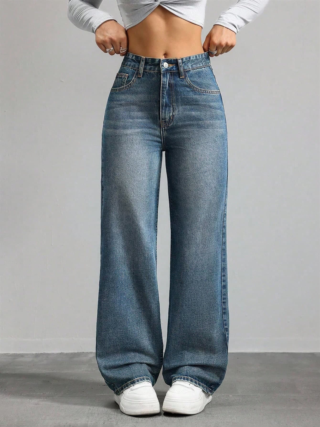 SHEIN ICON Women's Solid Color Casual Versatile Pocket Wide Leg Jeans