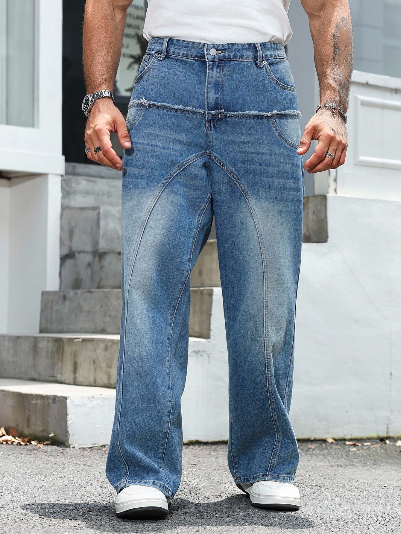 Manfinity Roughcore Men's Light Blue Summer Streetwear Straight Fit Jeans,Plus Size Loose Washed Denim With Dual Waist Tassels For Evening,Casual Regular Straight Leg