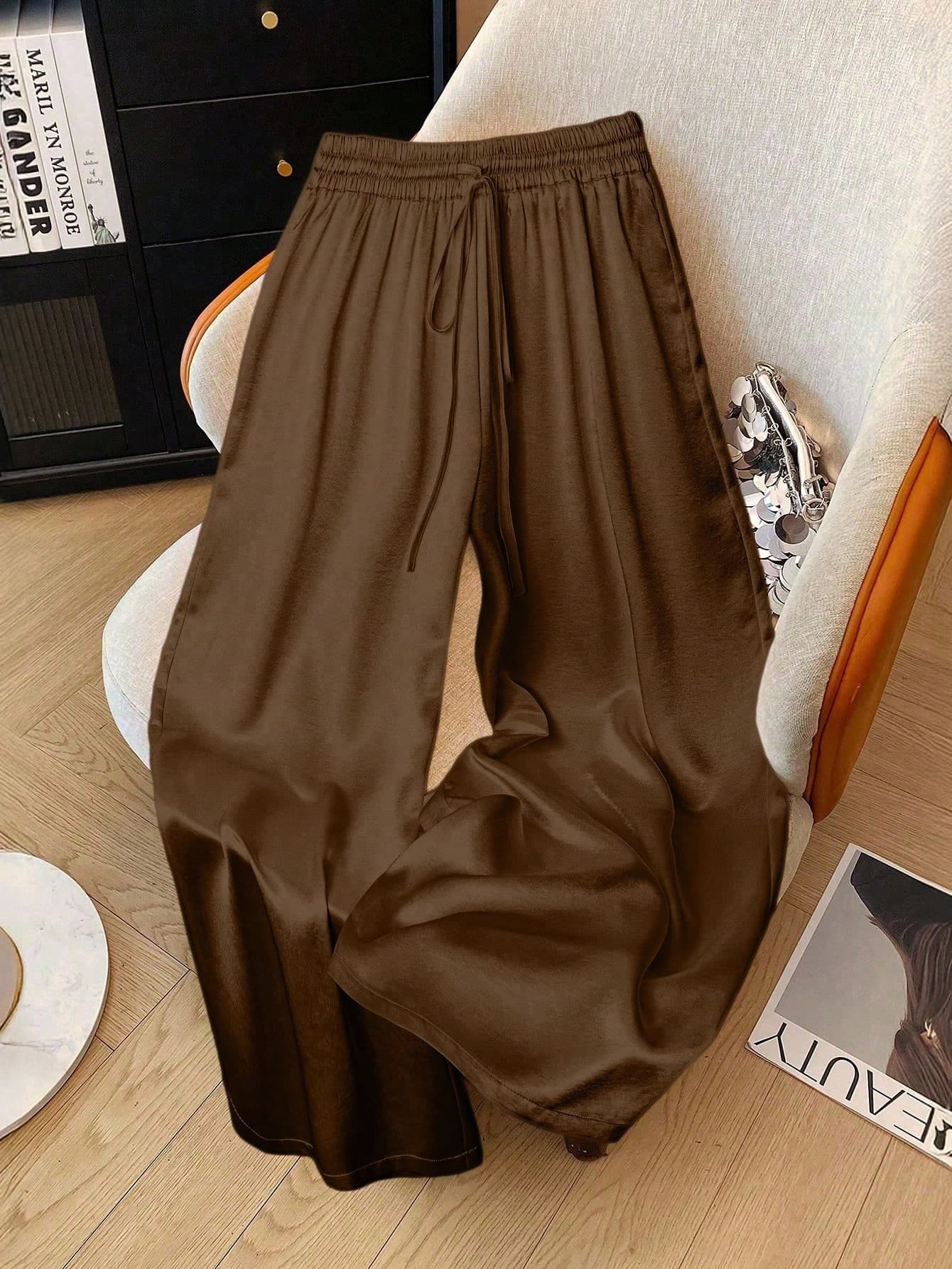 Franclia Plus Size Satin Drawstring Tie Waist Straight Leg Pants For Women Brown Summer Curve Smart Casual Loungewear Loose Elastic Wide Leg Vacation Gym