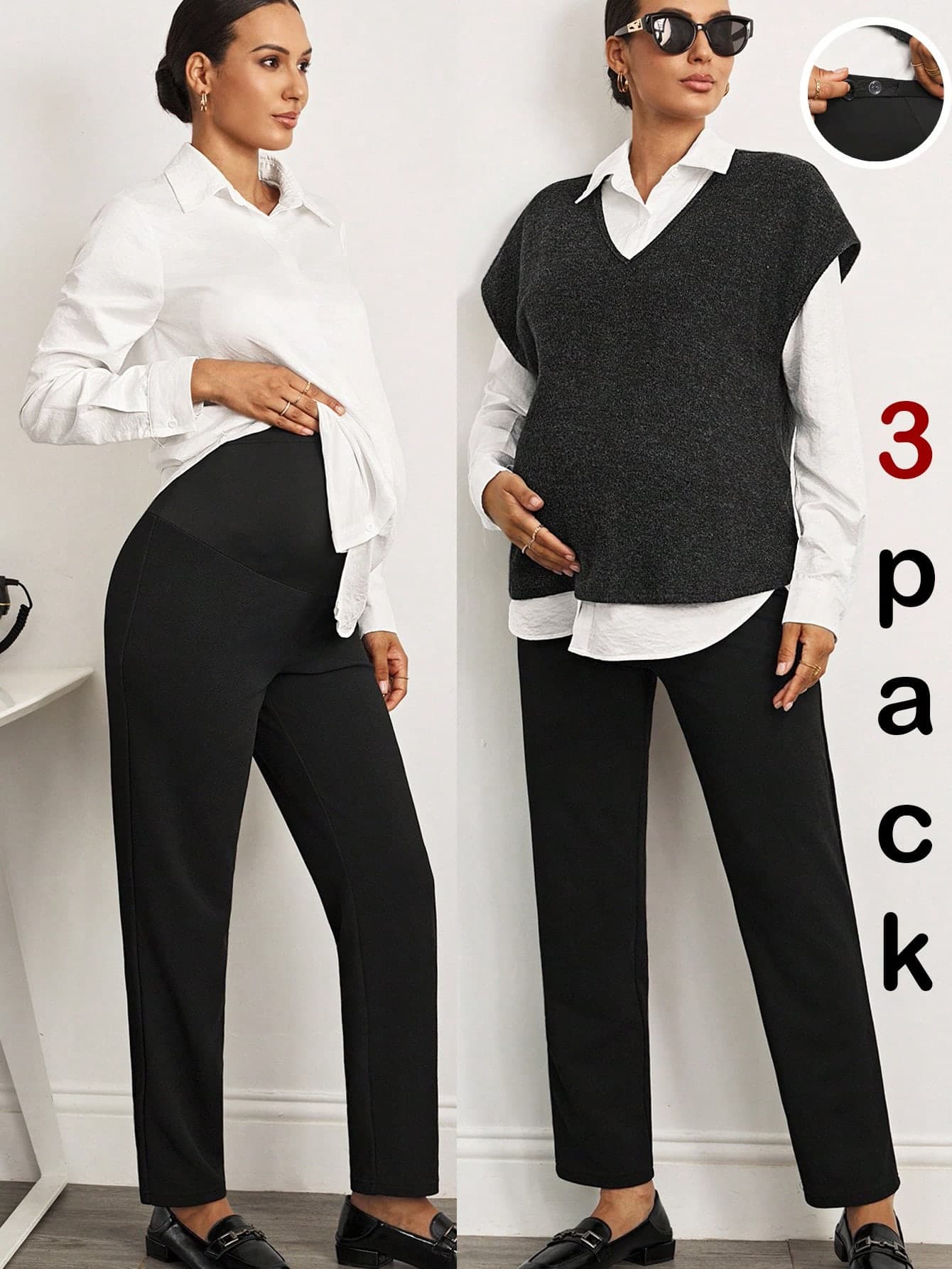 MaterniWear 3pcs Maternity Black Summer Casual Set,V-Neck Dark Gray Loose Vest,White Long-Sleeved Shirt & Tapered Waist Adjustable Elastic Pants For Photoshoot