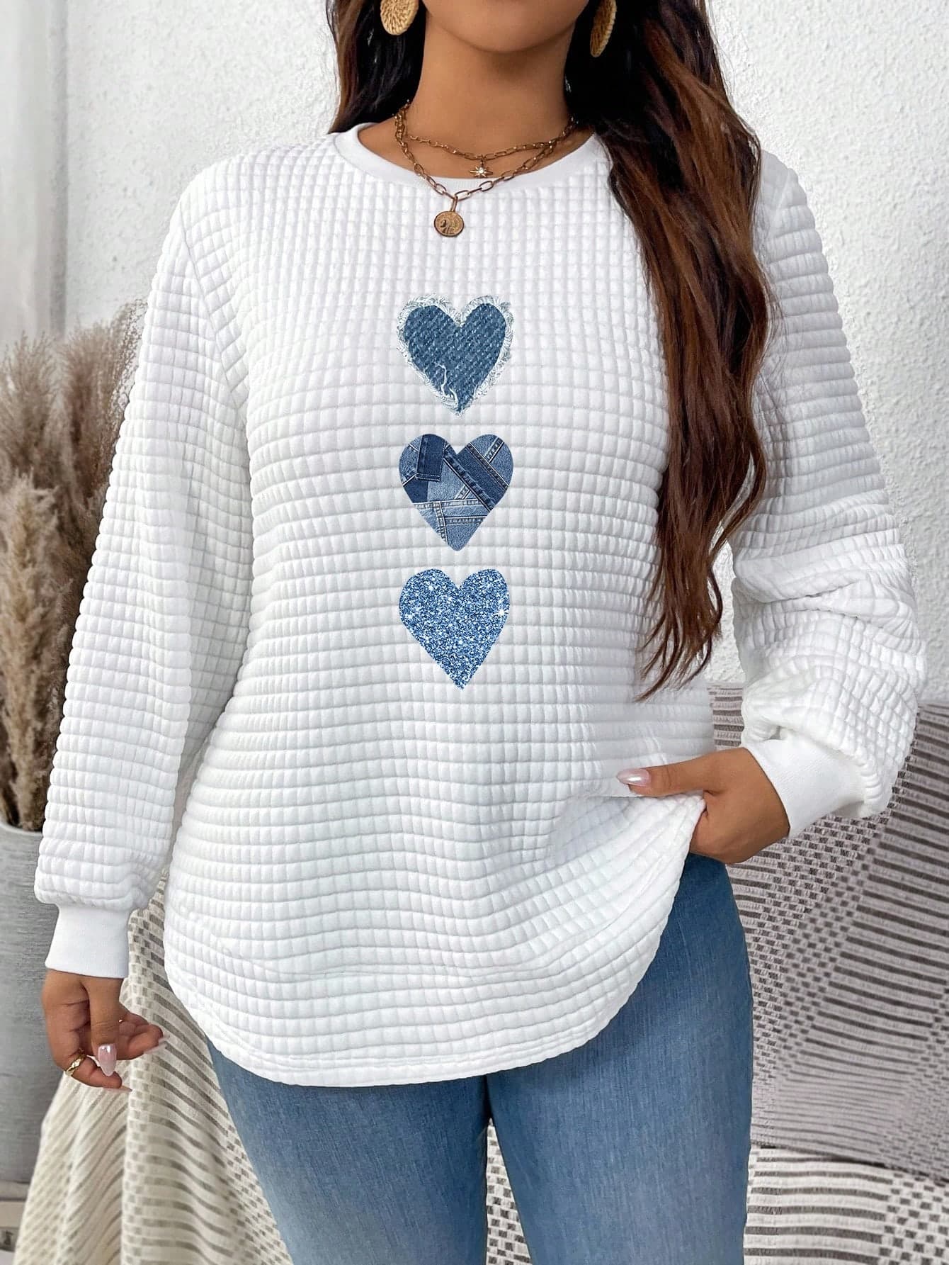 EMERY ROSE Plus Size Women Blue And White Heart Graphic Print Waffle Knit Crew Neck Long Sleeve Sweatshirt,Casual Autumn Back-To-School Clothing For School