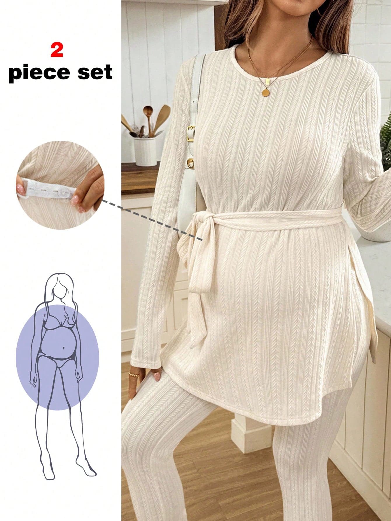 SHEIN Autumn And Winter 2pcs Maternity Solid Color Round Neck Long Sleeve Ribbed T-Shirt And Adjustable Waist Pants Casual Outfit