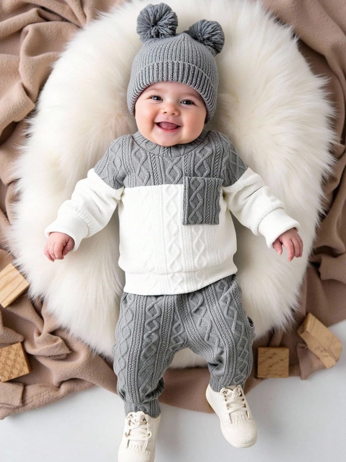 SHEIN 2pcs/Set Infant Baby Boys Cute Winter Clothes Striped Knit Pocket Top & Elastic Pants White Sibling Matching Outfit Soft Casual Wear For Fall 6M-3T