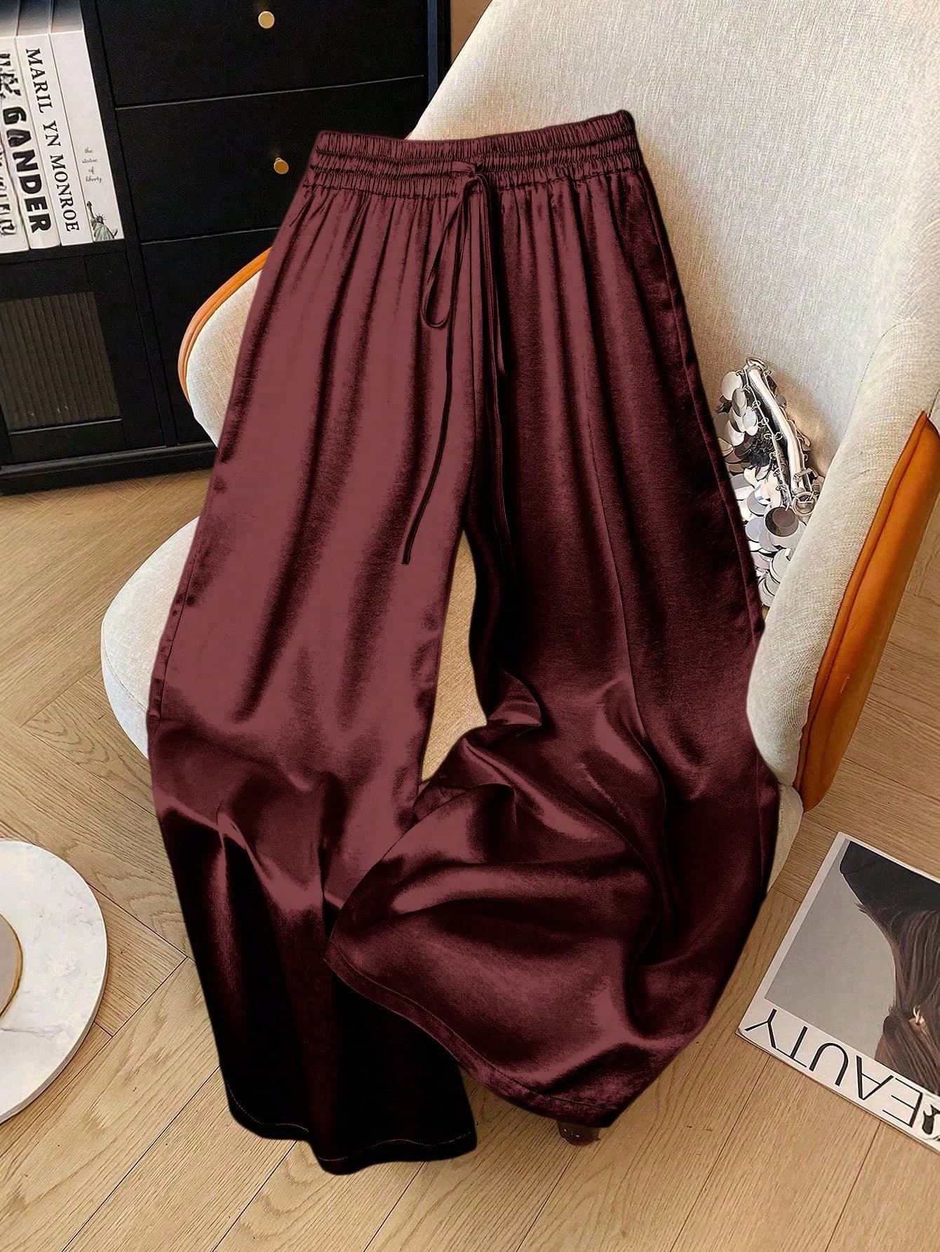 Franclia Plus Size Satin Drawstring Tie Waist Straight Leg Pants For Women, Elegant Burgundy Summer Silk Wide Leg Palazzo Pants, Festa Elastic Waist Vacation