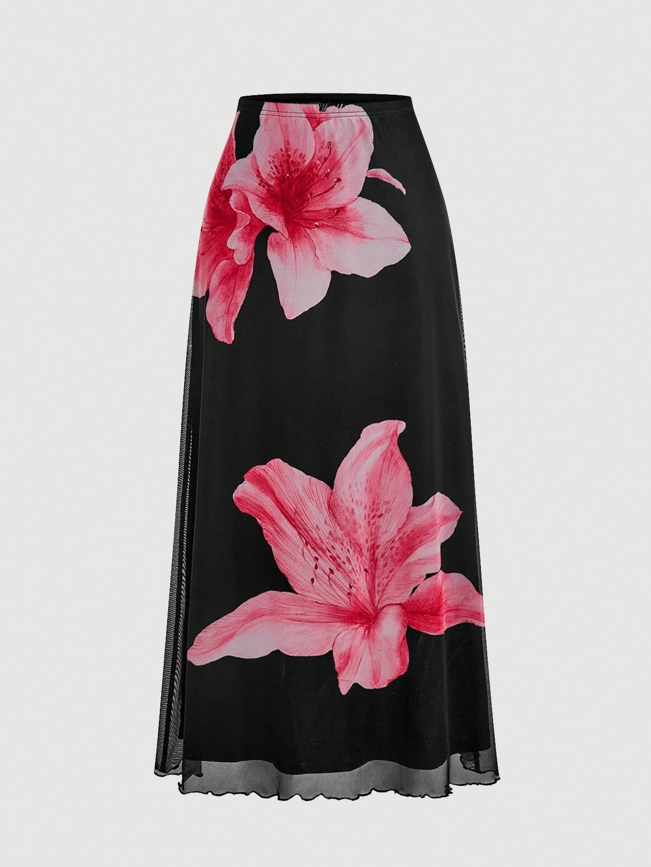 SHEIN MOD Women's Black Printed Knit Skirt, Long Floral Skirt,Black Skirt