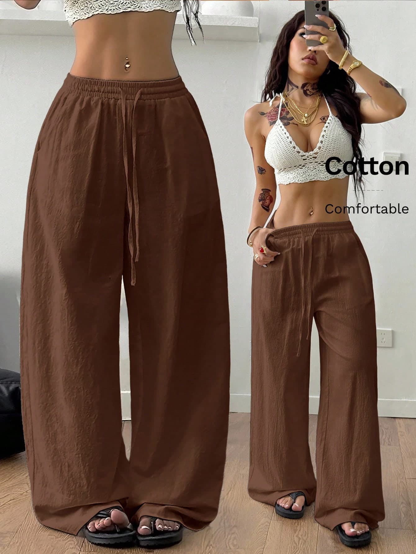 Coolane Women's Summer Country Concert Going Out Beach Boho Basic Minimalist Washed 100%Cotton White Pants Curved Hem Pants Cotton Pants,Fall