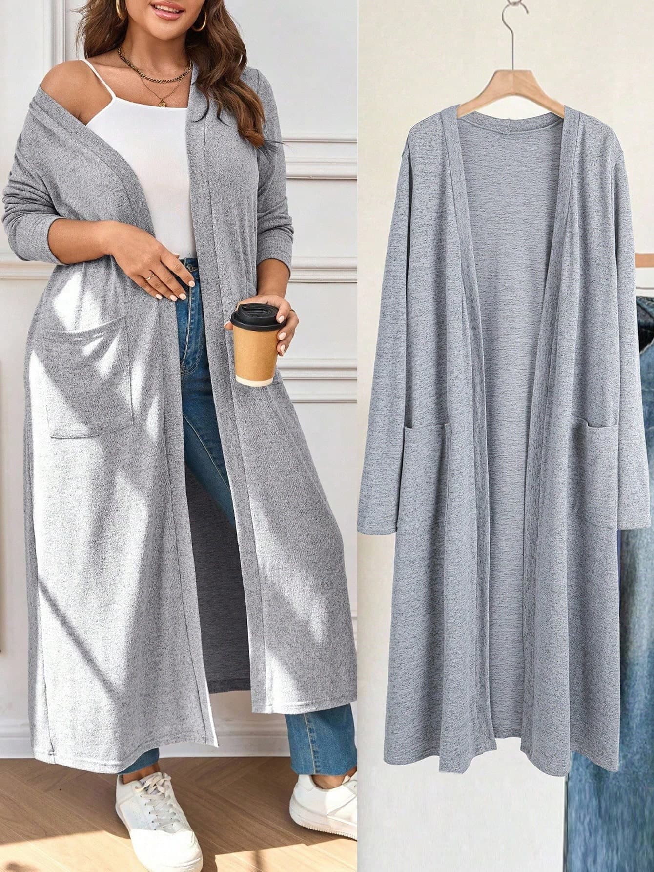 EMERY ROSE Plus Size Casual,Elegant Grey Fall Winter Long Sleeve Coat  Pockets,Loose Minimalist Solid Vintage Cloth For Women,Teacher's Back To School,Airport