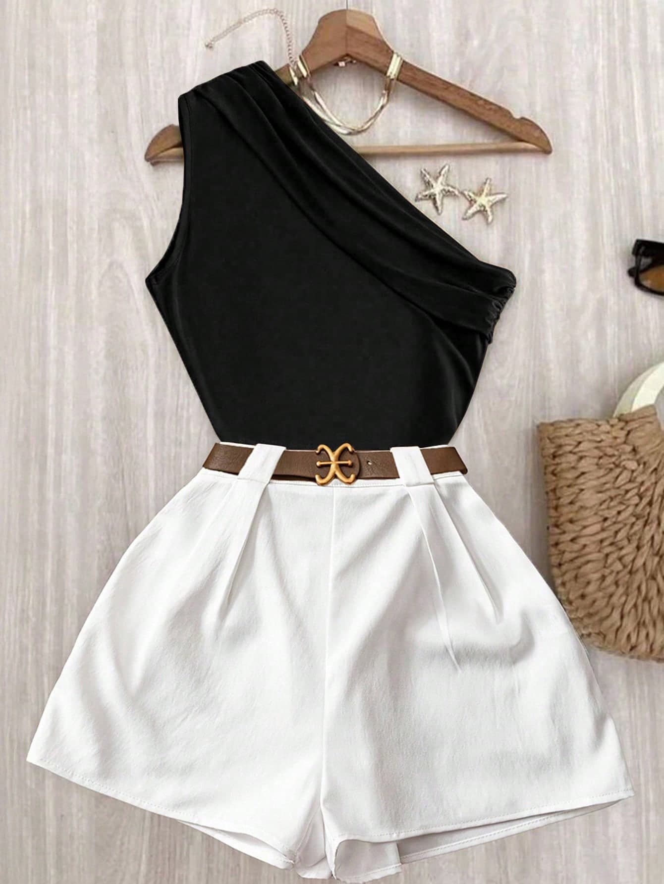 Roelina Casual Chic Commuting High Elasticity Solid Brown Pleated Shoulder Top And White Elastic Waist Pants Set