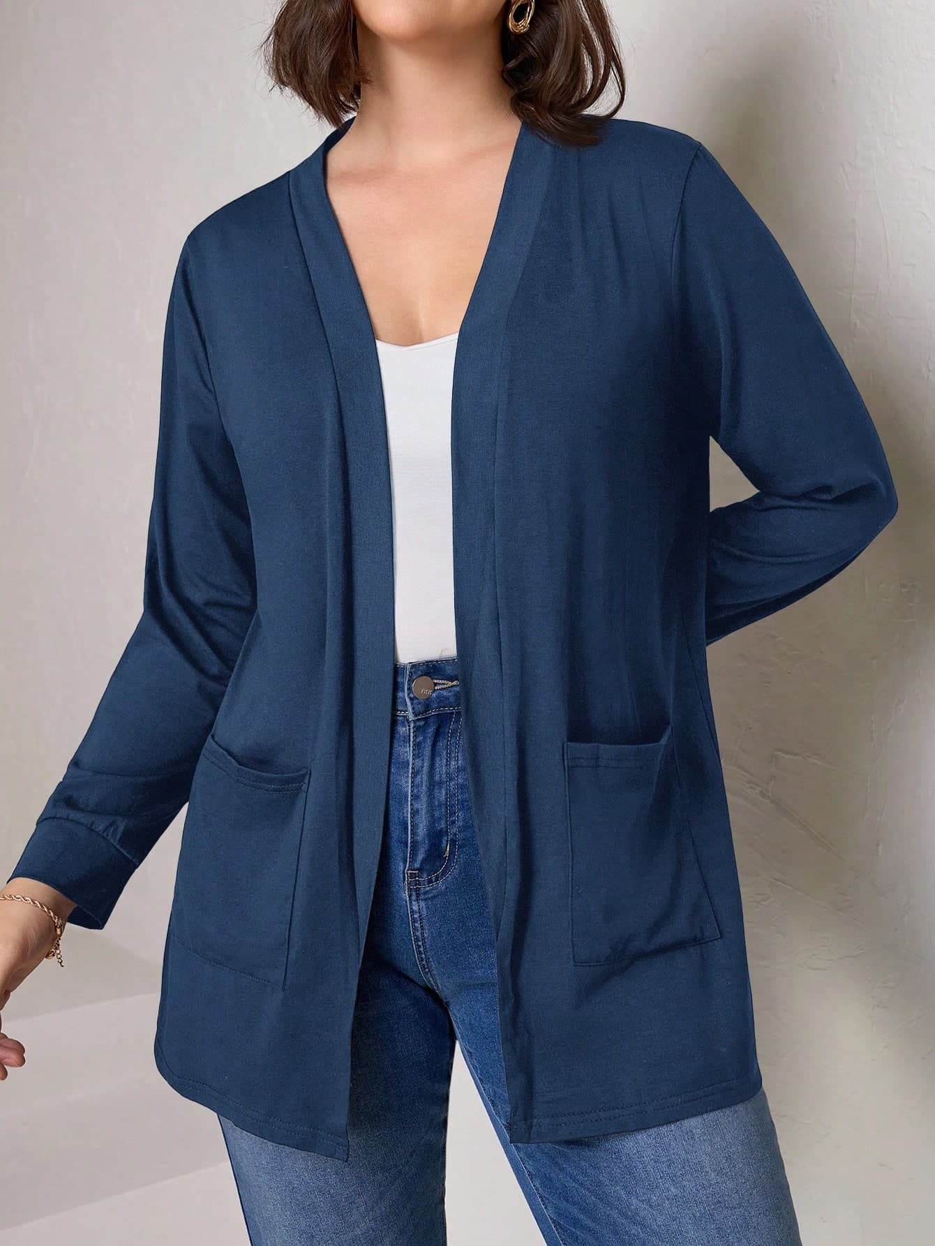 Chikora Plus Size Black Knit Pocket Loose Fit Cardigan With Pockets,Business Casual Woman Winter Fall Autumn