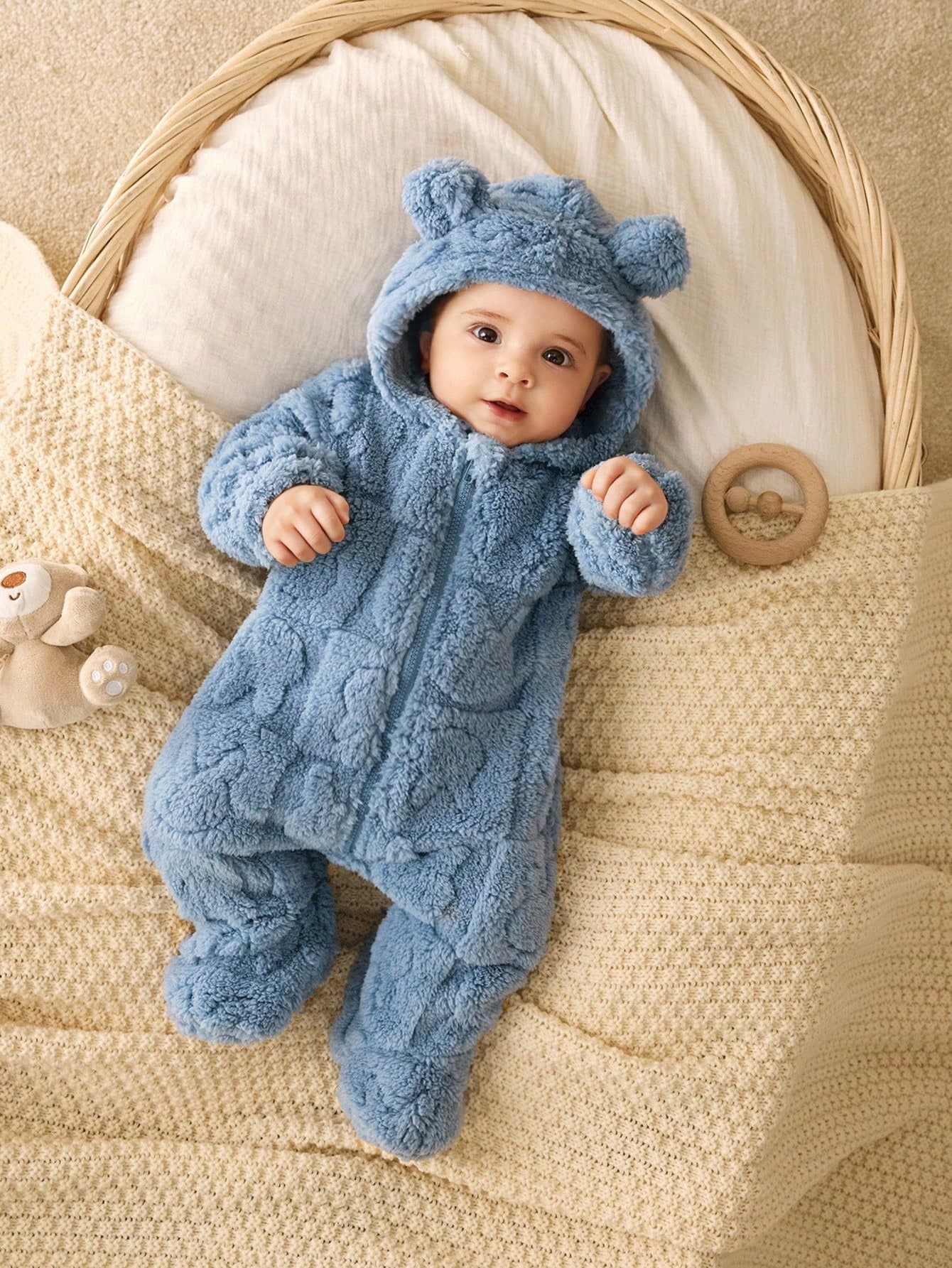 SHEIN Newborn Baby Boy/Girl Dusty Blue Winter Fluffy Hooded Footie,Cute Modest Cartoon Pattern Jumpsuit,Sibling Matching Warm Infant Fall Coat,0-3 Months
