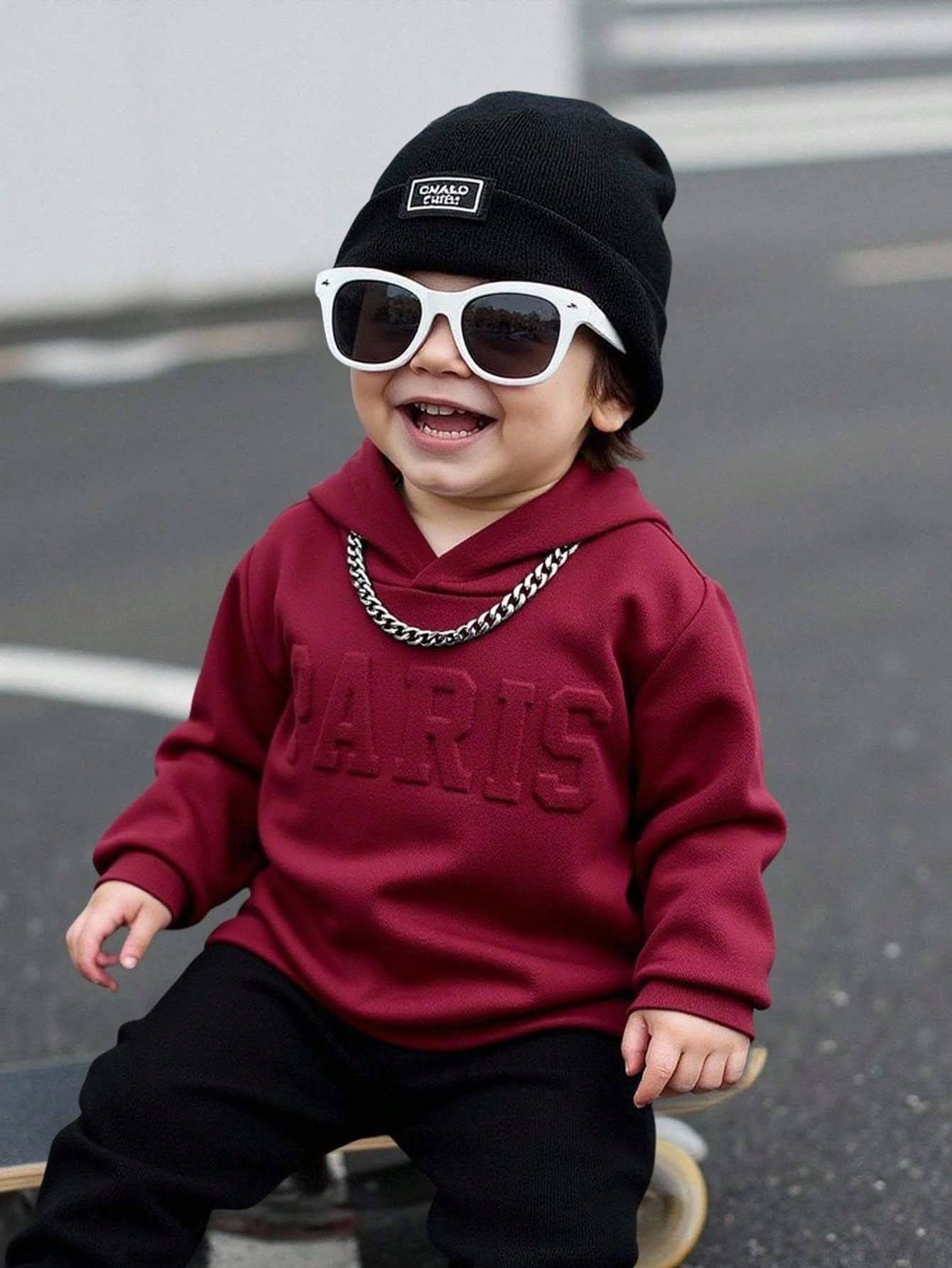 Baby Boy Casual Letter Print Embossed Sweatshirt, Green, Suitable For Fall And Winter