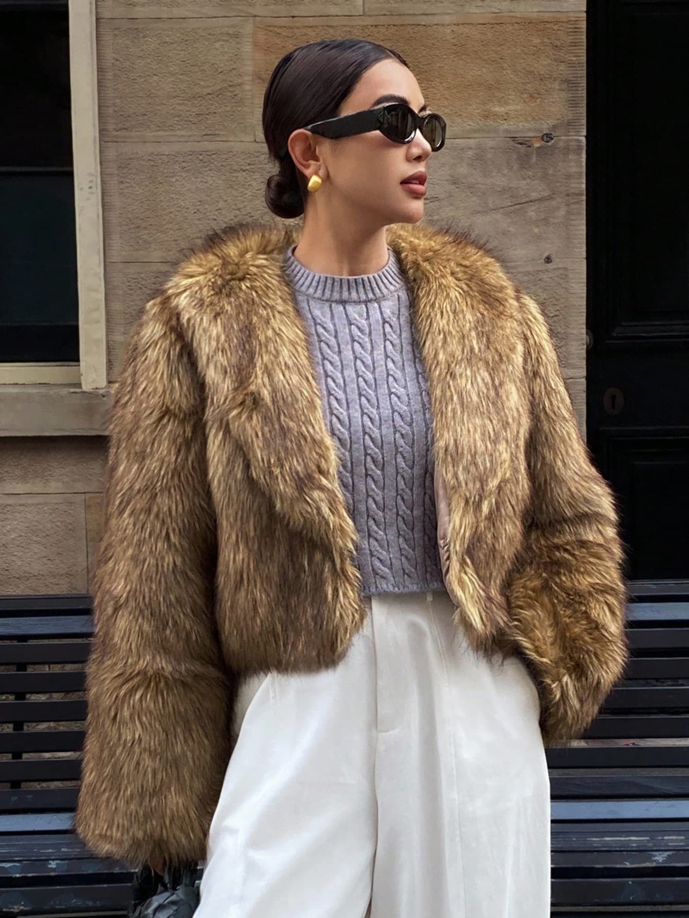 DAZY Women's Short Faux Fur Shawl Collar Coat Winter
