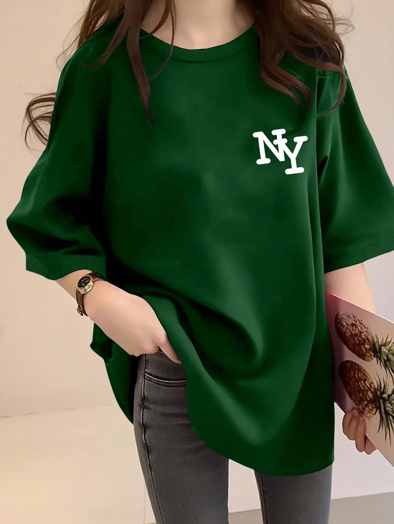 Women's Dark Green New York NY Letter Print Loose Crew Neck Short Sleeve T-Shirt,Casual Summer Top,Elegant&Comfortable City Break,Back-To-School Tee