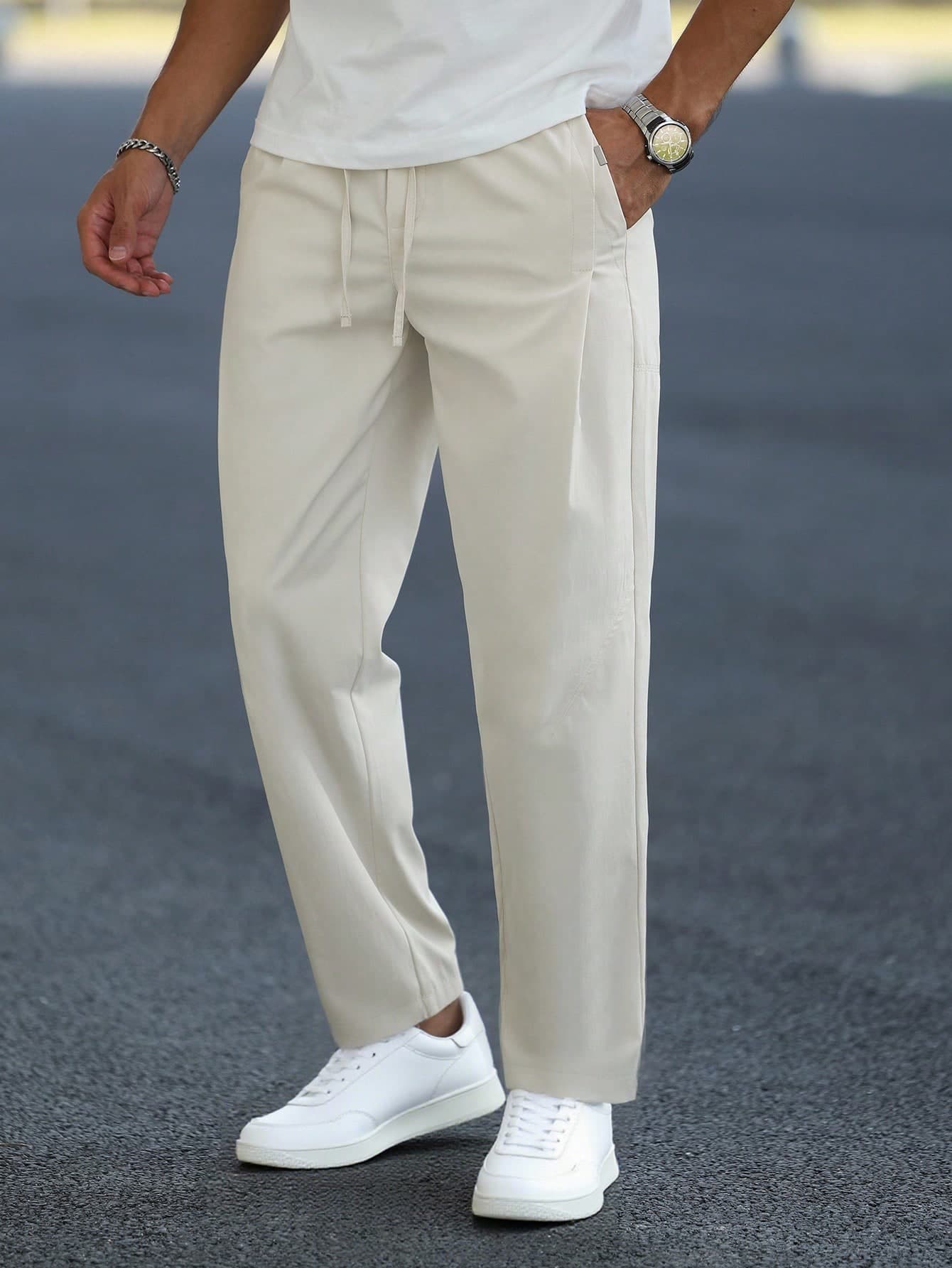 Manfinity Homme Men's Solid Color Drawstring Waist Pocket Straight Leg Casual Pants, For Fall