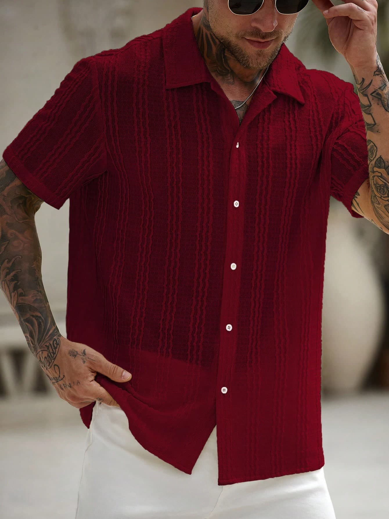 Genlund Summer Men's Knitted Textured Fabric Jacquard Casual Short-Sleeved Shirt, Holiday