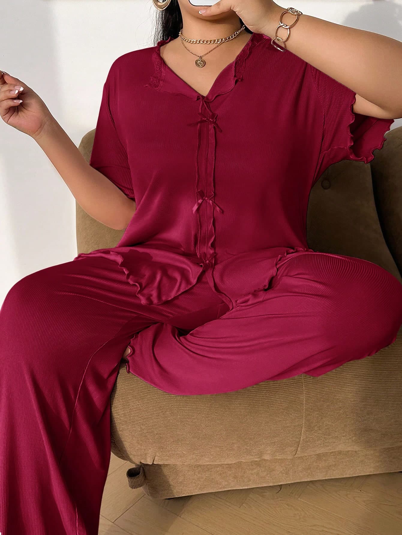 Napfluff CURVE Napfluff CURVE Solid Color Bow Decor Knitted Ribbed Long Sleeve & Pants Pajama Set, Plus Size Burgundy Pajama Set Red Sleepwear