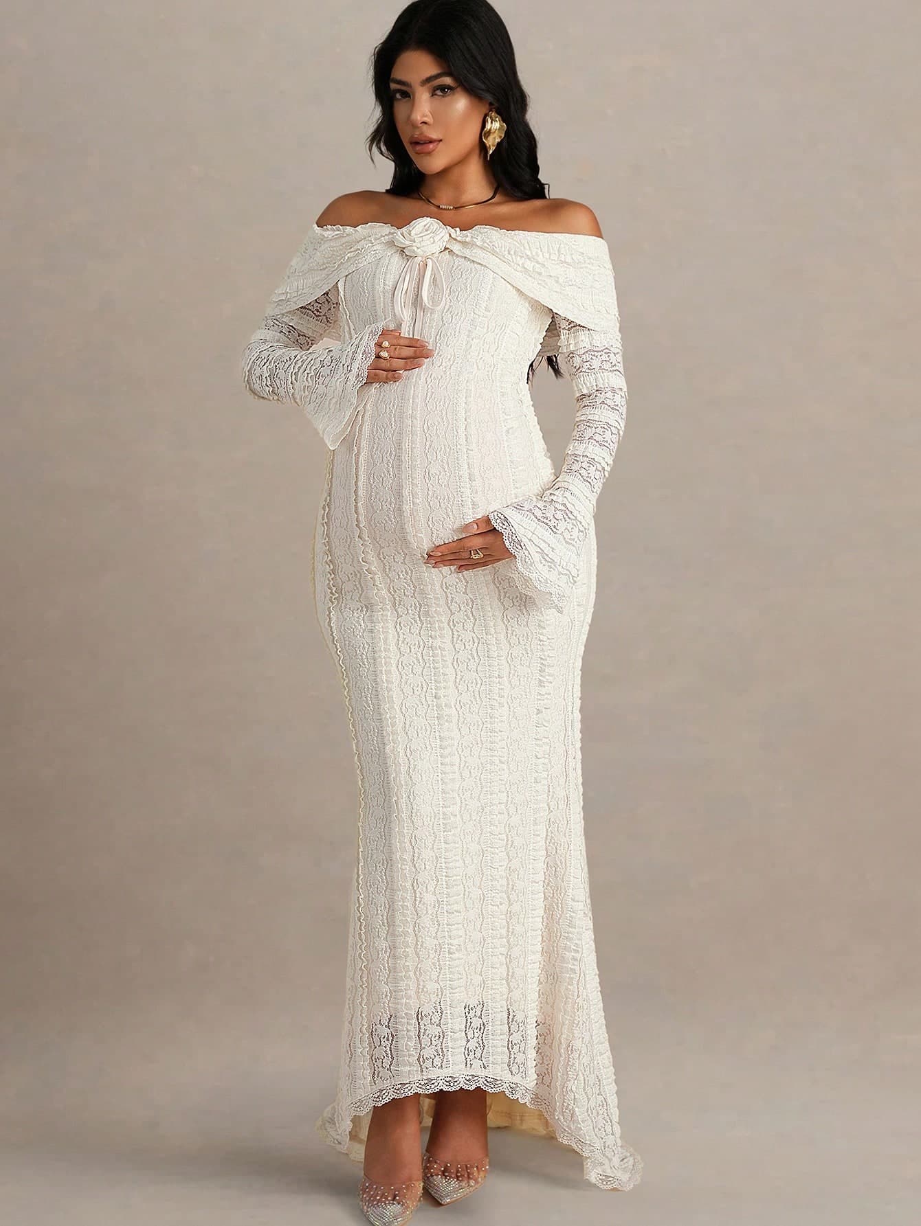 MaterniChic Autumn And Winter Maternity Off-Shoulder Long Sleeve Flare Lace Patchwork Fitted Dress Photoshoot White Pregnancy Gown Off Shoulder Fall