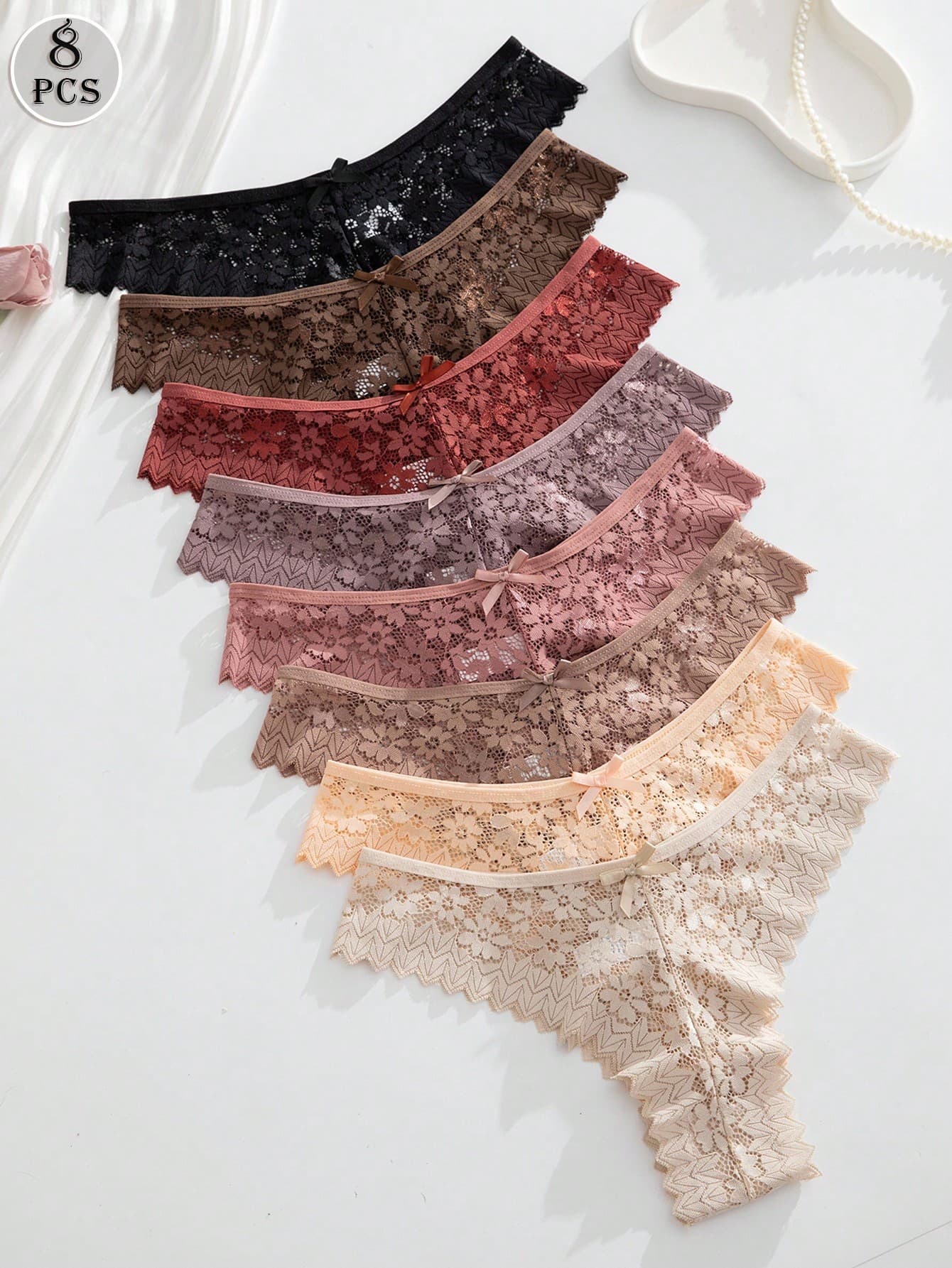Seduluxe 8pcs/Set Romantic Sexy Lace Women's Thong Panties, Multicolor Lace Thong Pack