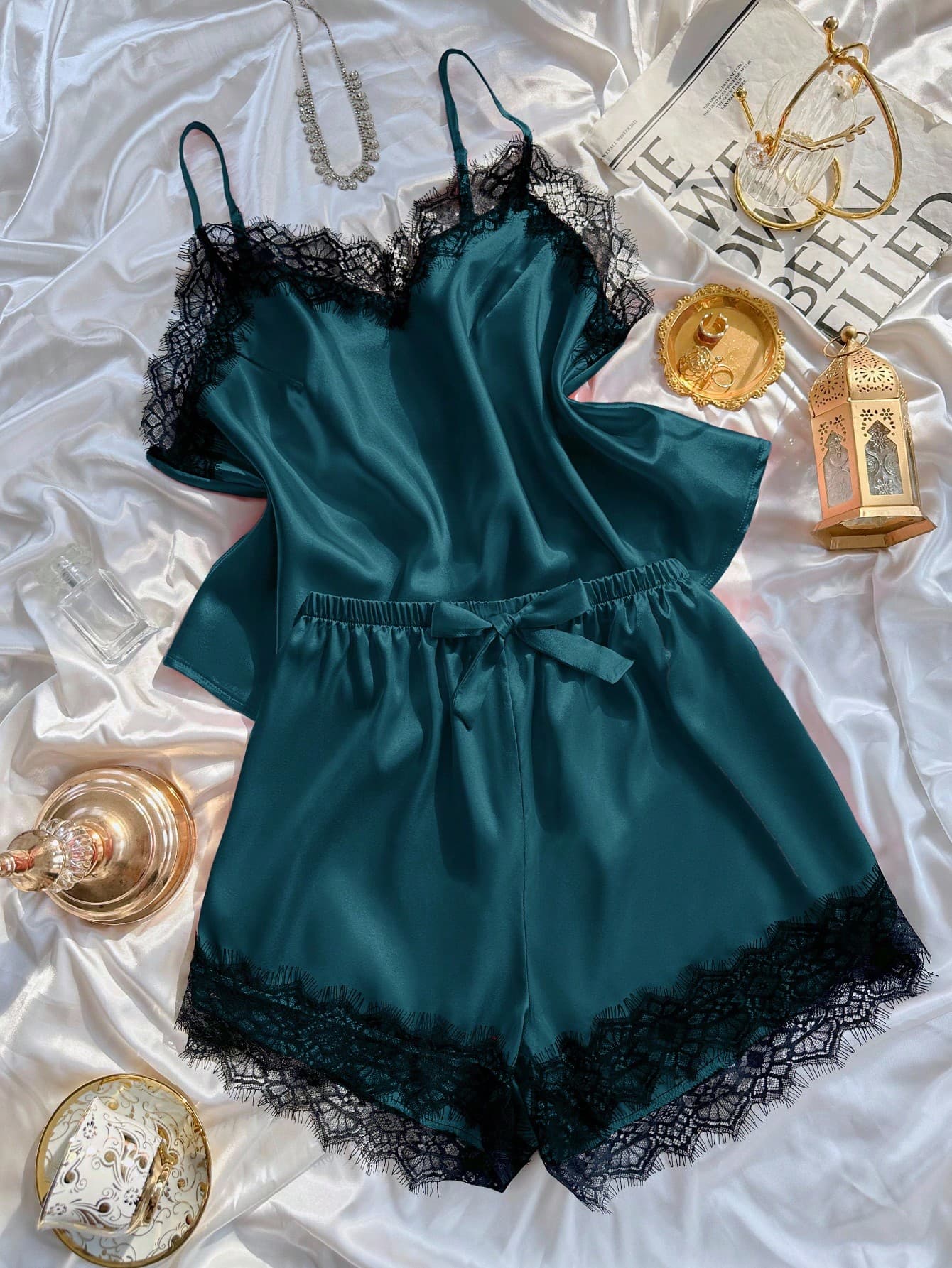 SilkySpell Faux Silk Lace Trim Camisole And Shorts Pajama Set Lace Sleepwear Set Lace Pajama Set Satin Sleepwear Set Dark Green Lingerie Satin Pajama Set
