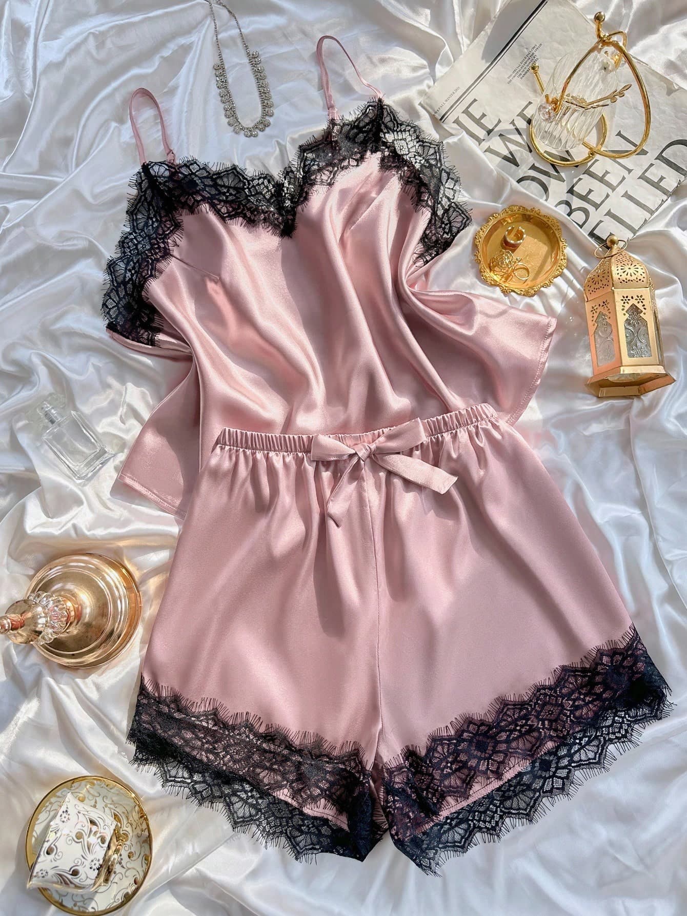 SilkySpell Plus Size Faux Silk Lace Trim Cami Top And Shorts PJS Satin PJS Lace Trim PJS Satin Sleepwear Set Lace PJS Lingerie Sleep Set