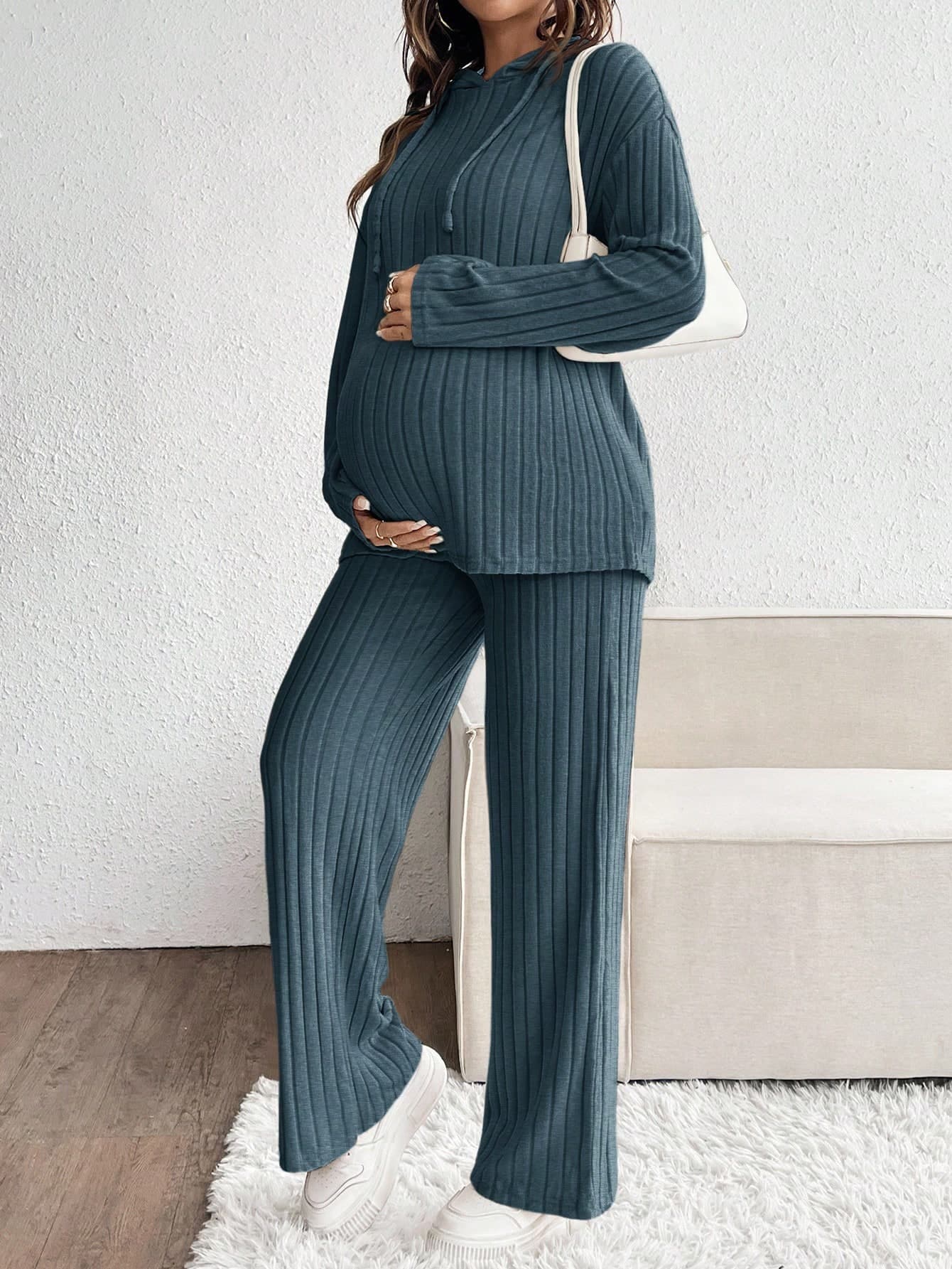 SHEIN 2pcs Maternity Casual Drawstring Hoodie Top And Pants Set,Autumn Dusty Blue Ribbed Knit Two Pieces Pregnancy Clothes Maternity Clothes Suits Fall