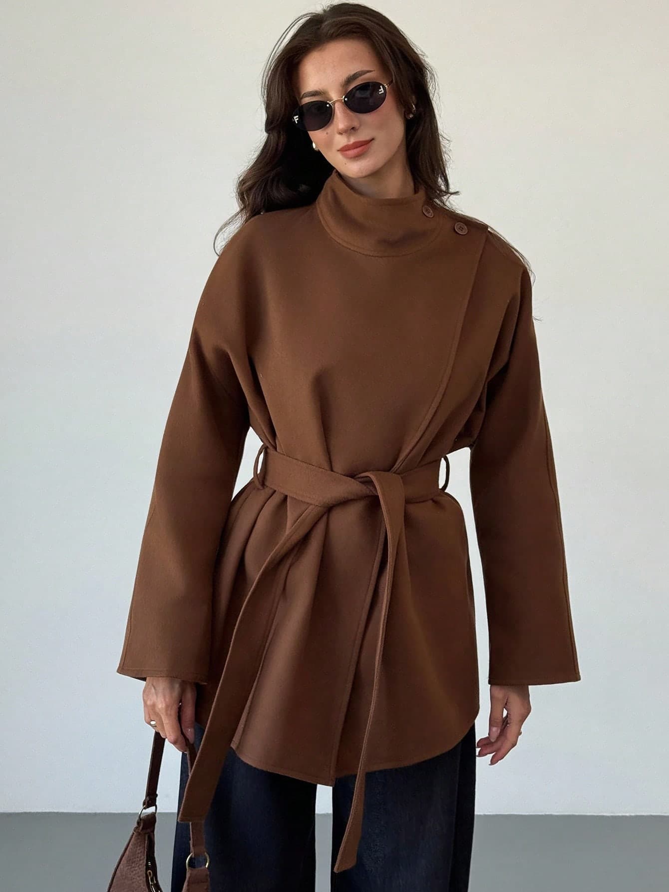 Aloruh Women's Solid Color Batwing Sleeve Tie Waist Elegant Overcoat, Autumn/Winter, Fall