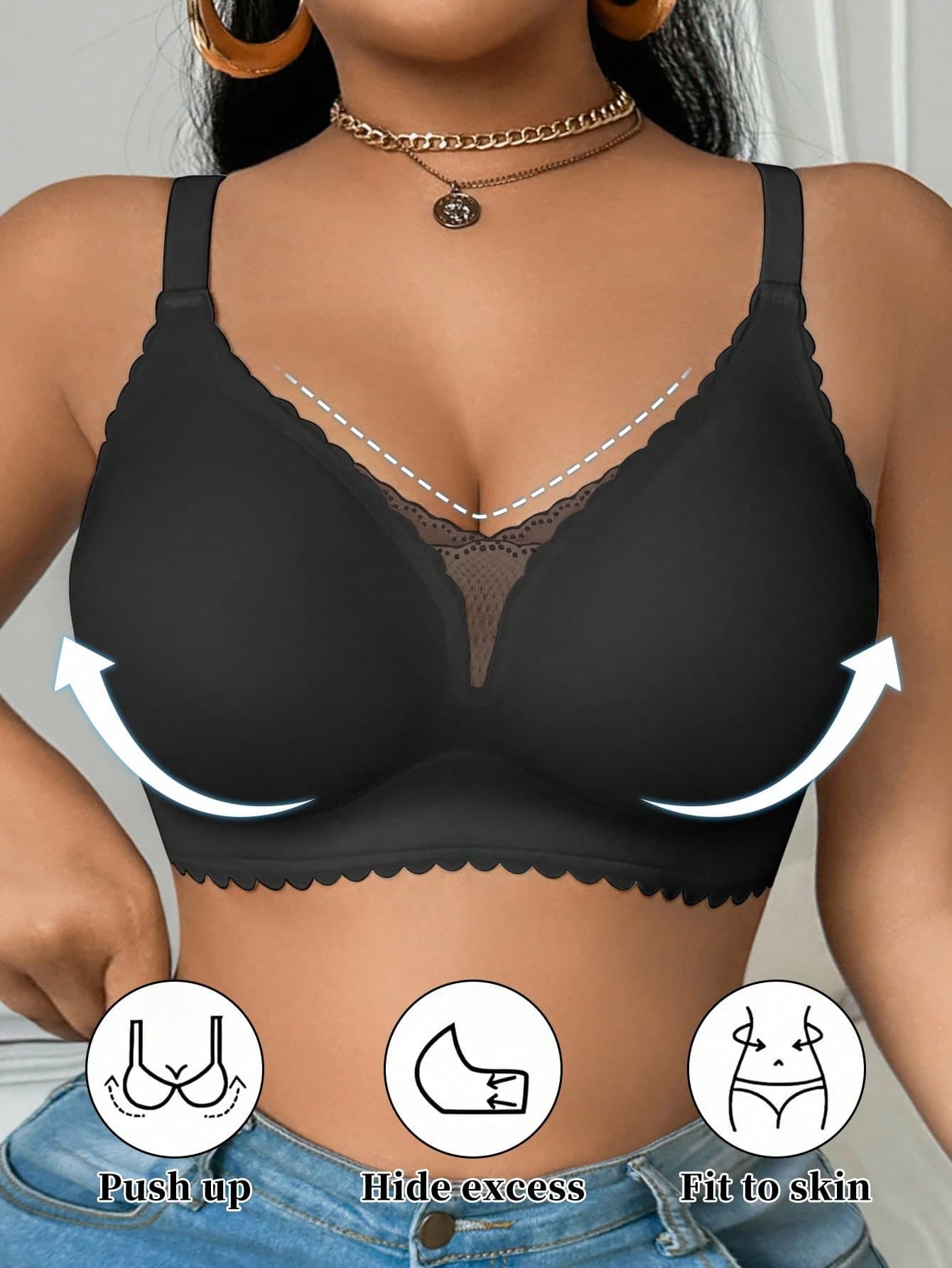 SHEIN Casual-Comfy Fashionable Minimalist Solid Color Comfortable Seamless Lace Patchwork Wireless Wide Strap Lift Wave Hem Thin Padded Plus Size Women Bra