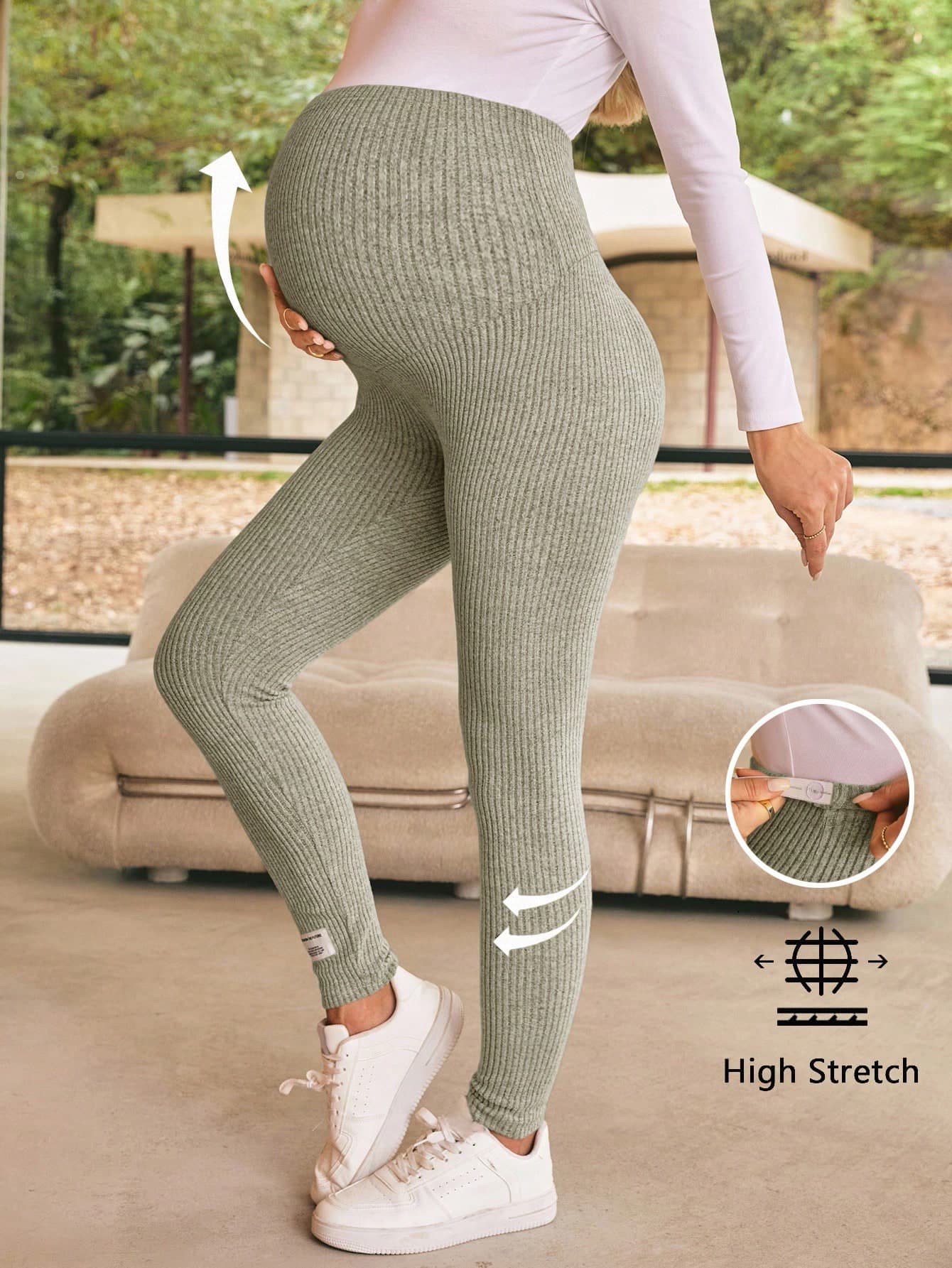SHEIN Maternity Women's Ribbed Leggings Sage Green,Summer,Casual,Gym High Stretch Adjustable Waist Pregnancy Pants Solid Color Clothes For Pregnant Women