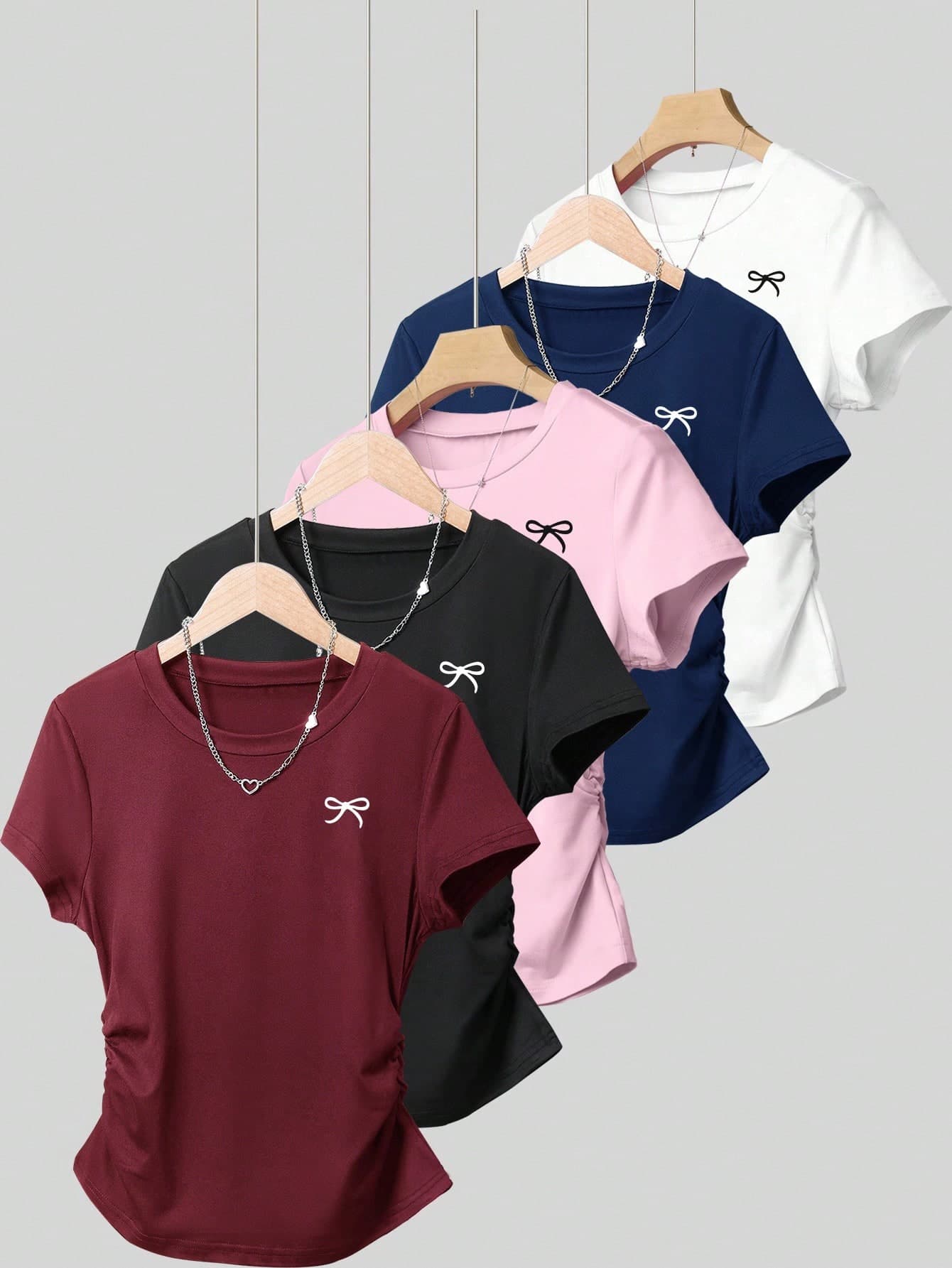 INAWLY 5pcs Women Casual Versatile Fitted Ruched Tee Set, Suitable For Summer Short Sleeve T-Shirt