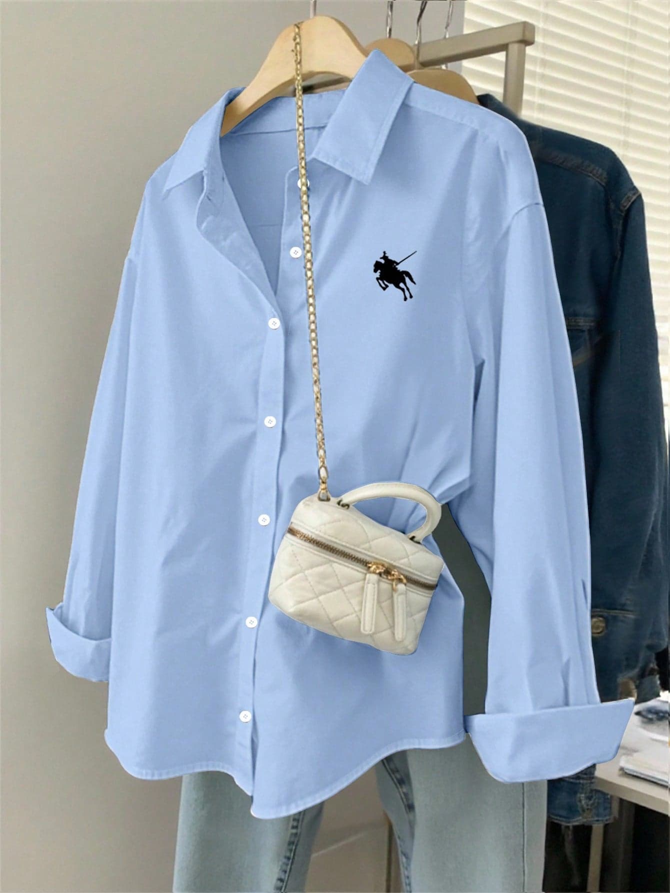 INAWLY Women's Knight Print Single-Breasted Casual Loose Long Sleeve Shirt