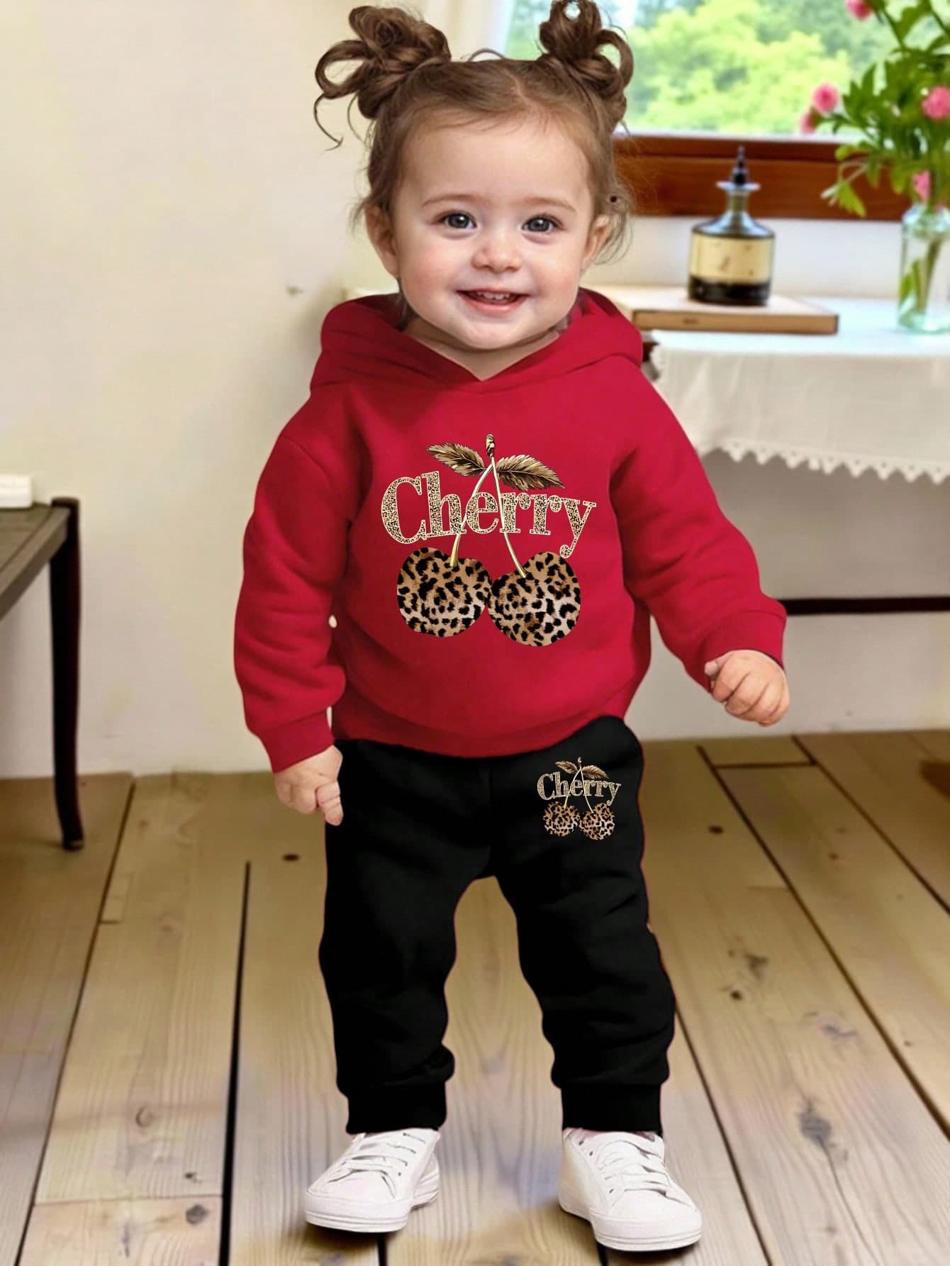 SHEIN Playful Pals 2pcs Baby Girl Set,Red And Black Polka Dot,Autumn,Cute,Vacation Leopard Print & Cherry Letter Graphic Hooded Sweatshirt And Fleece Pants Outfits