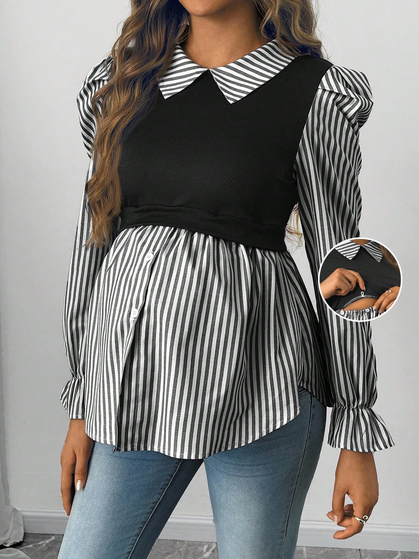 SHEIN Maternity Striped Lapel Gigot Sleeve Casual Nursing Top Autumn Back-To-School Fall