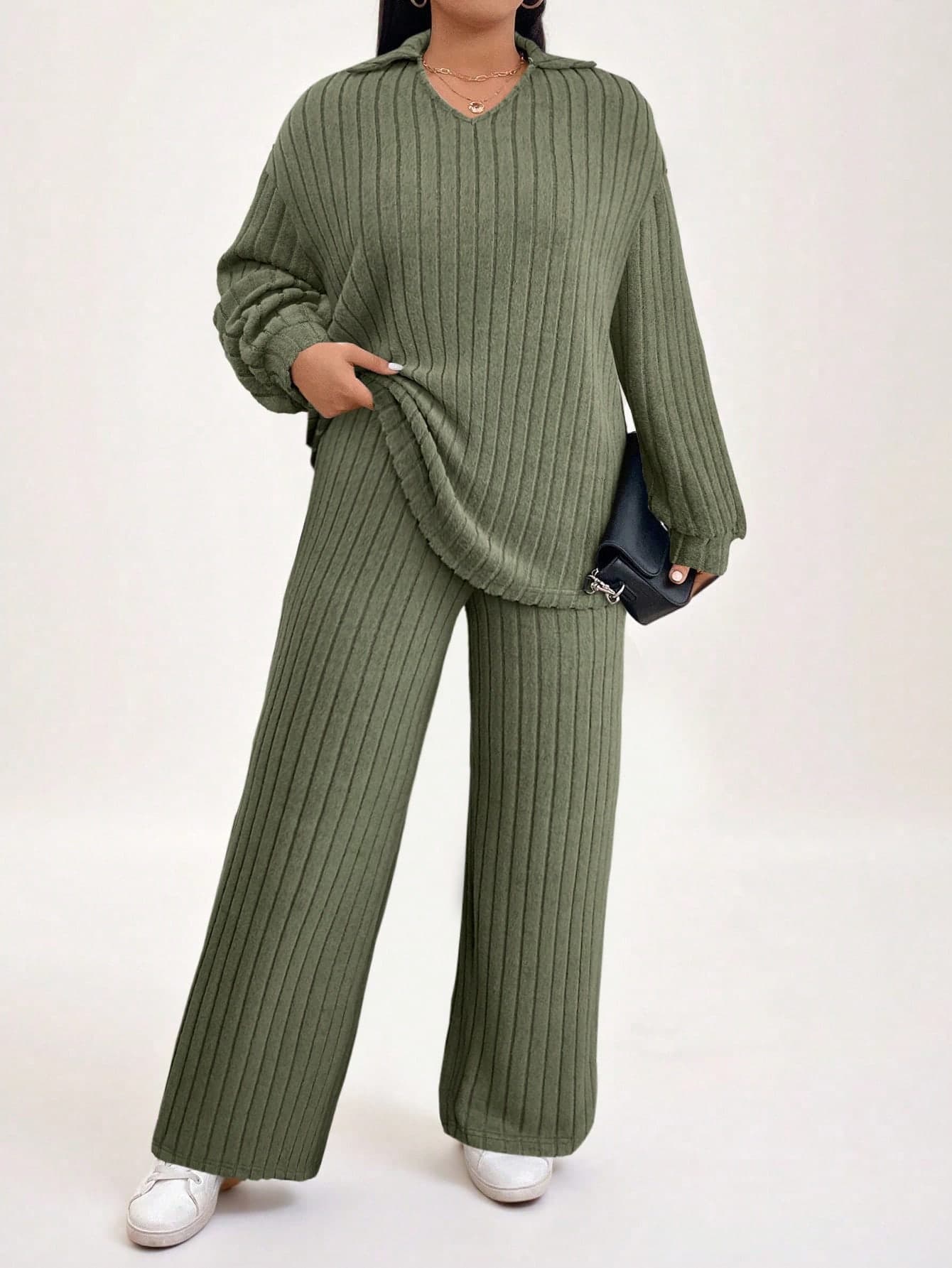 SHEIN LUNE Plus Size Sage Green Autumn Curve Smart Casual Loungewear Women Clothing Sets Solid Color Lapel Long Sleeve Top And Pants 2pcs/Set Travel Outfit