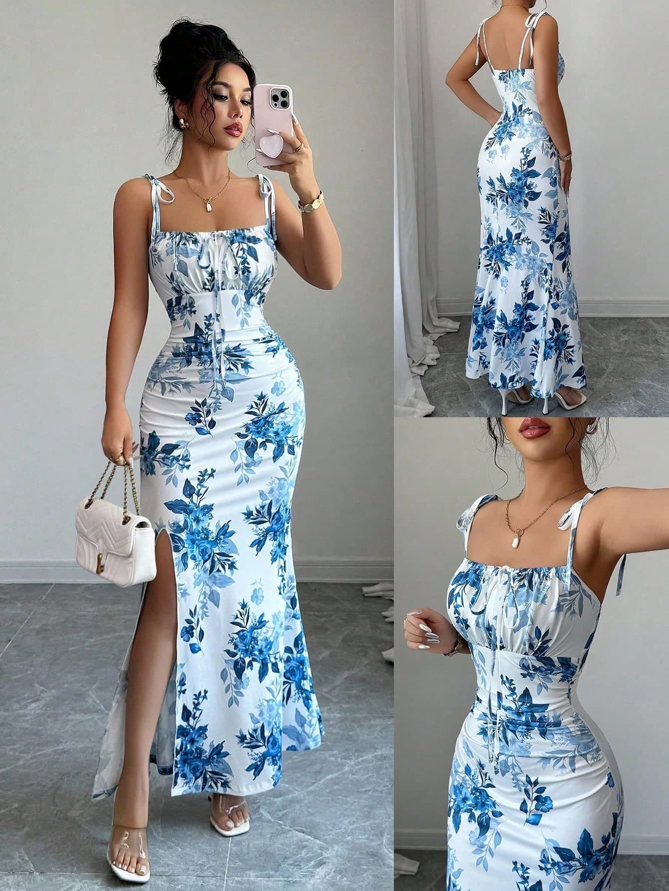Elenzga petite White And Blue Floral Summer Elegant Holiday Vacation Holiday Midi Dress,Spaghetti Strap Tie Waist Slit Ruffle Hem Flattering Dress For Young Women ,Petite Women