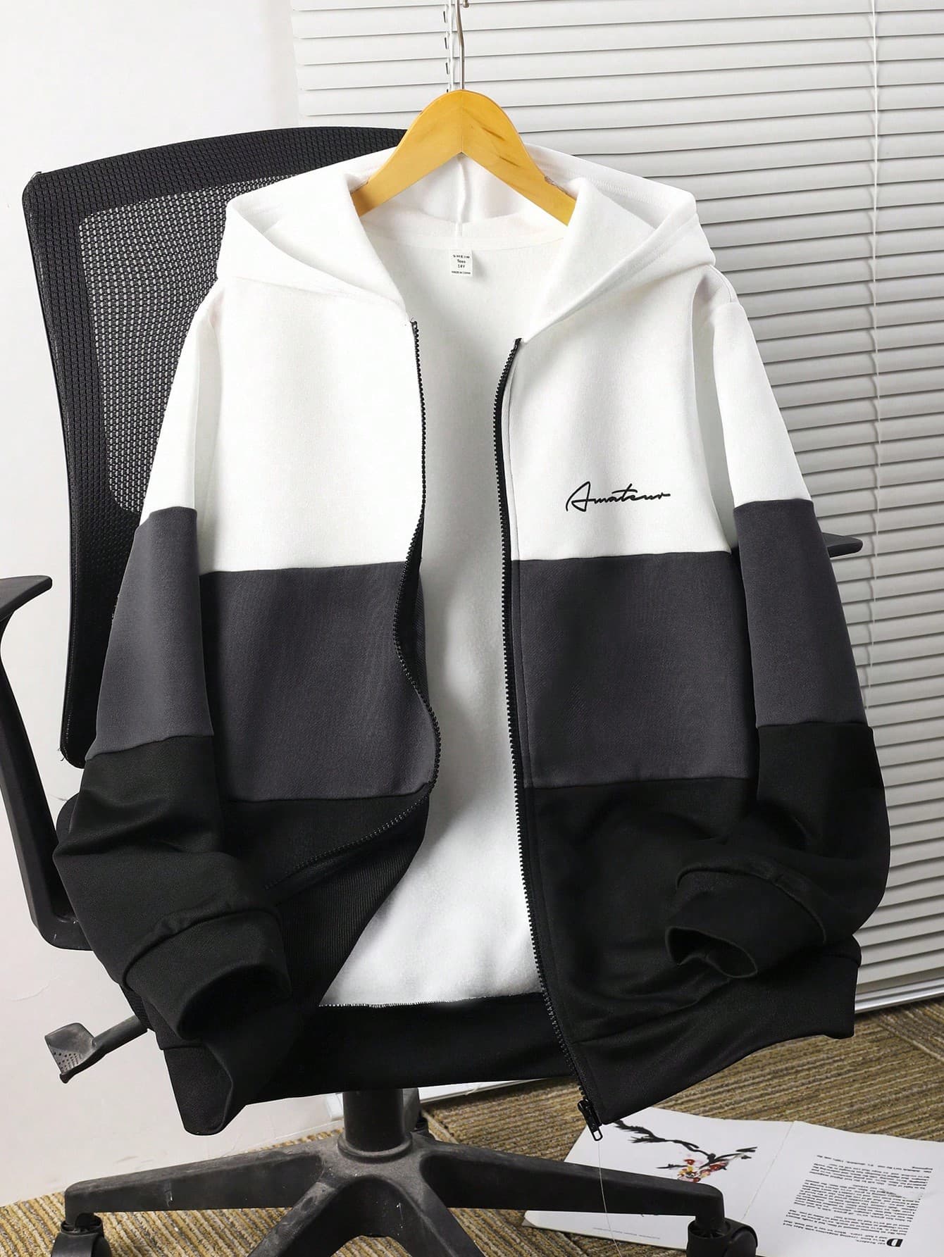 SHEIN Teen Boy Casual Loose Colorblock Patchwork Zipper Sweatshirt Jacket,White,Winter,Streetwear,Graduation,Comfortable Versatile Outings Fall Outwear Tops