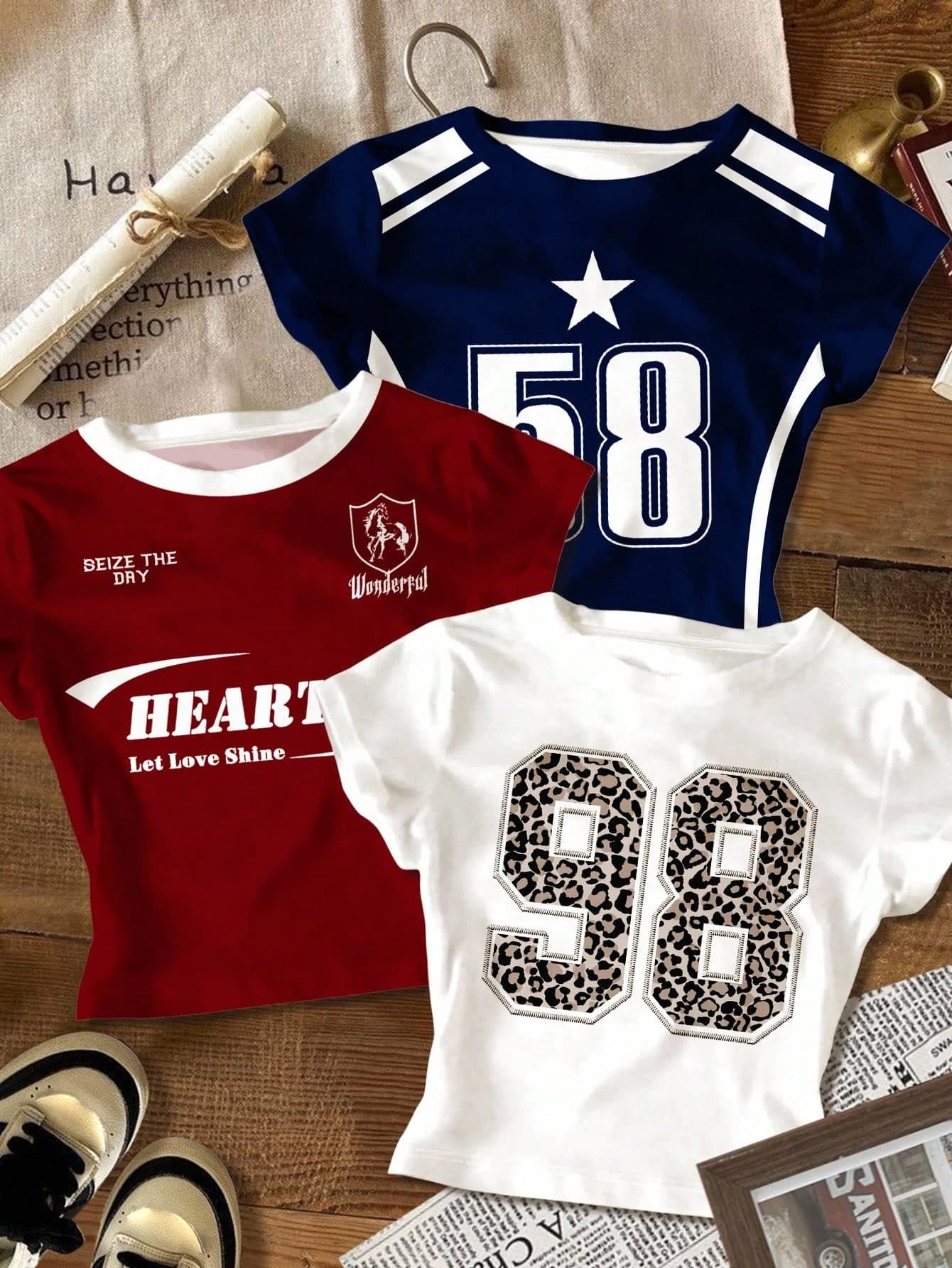 3pcs/Set Teen Girl Summer Streetwear Navy Beach Back-To-School Tight Fit Round Neck Cropped T-Shirt,Leopard Print Number 98 58 City Letter Graphic